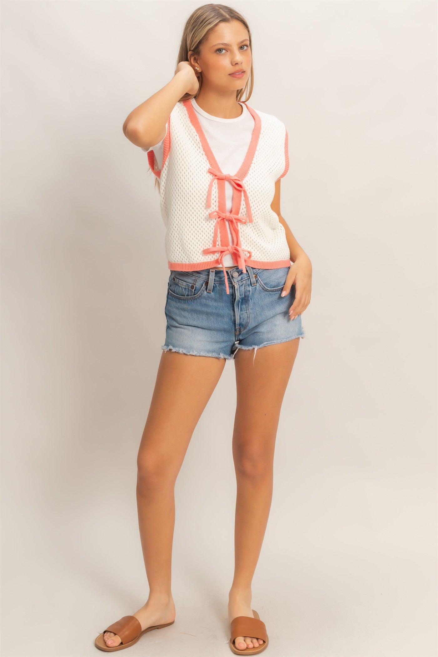 Wholesale Knit Vest With Tie Closure Sweaters HF26A238 IVORY/CORAL HYFVE