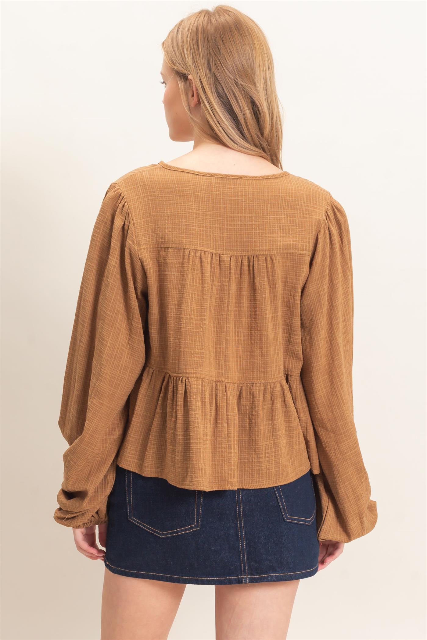 Wholesale Tie Front Peplum Blouse Blouses HF26F065 BROWN HYFVE