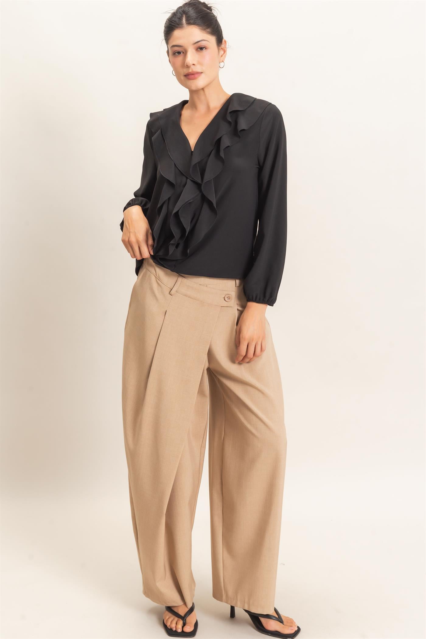 Wholesale Ruffled V-Neck Button-Up Blouse Blouses HF26C739 BLACK HYFVE