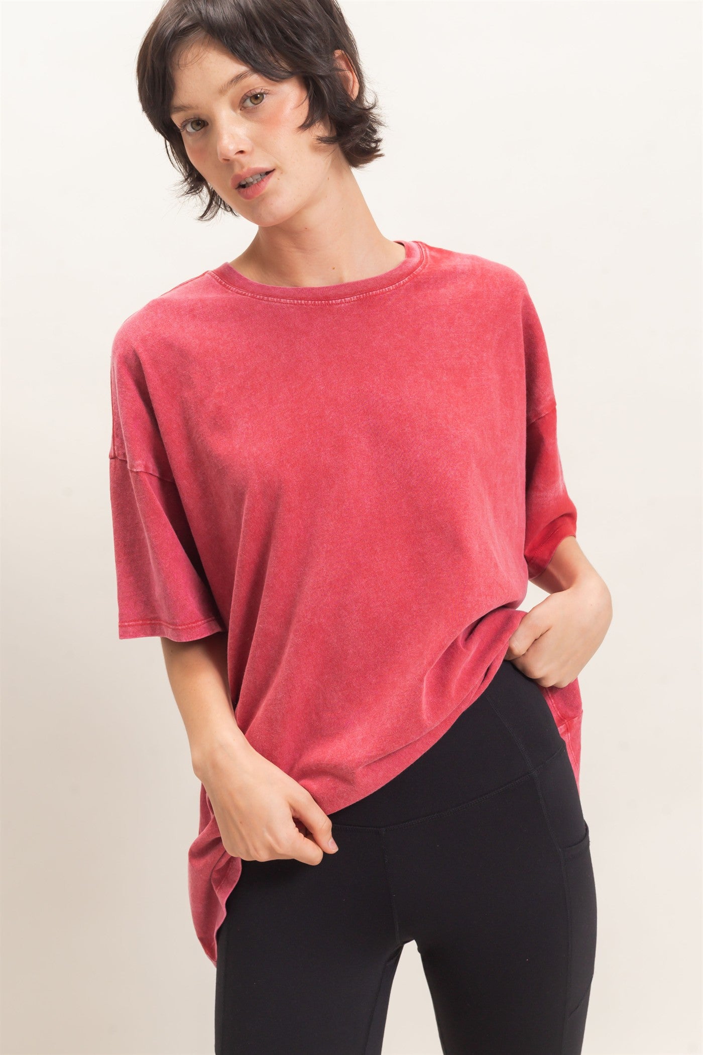 Wholesale Mineral Wash Oversized Crew Neck T-Shirts Clothing Tops DZ26C961 DARK RED DOUBLE ZERO