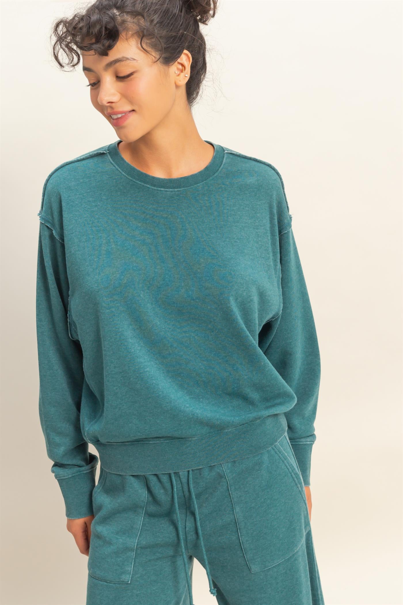 Wholesale Raw Edge Detail Burnout Sweatshirt Sweatshirts DZ26A048 DARK TEAL DOUBLE ZERO