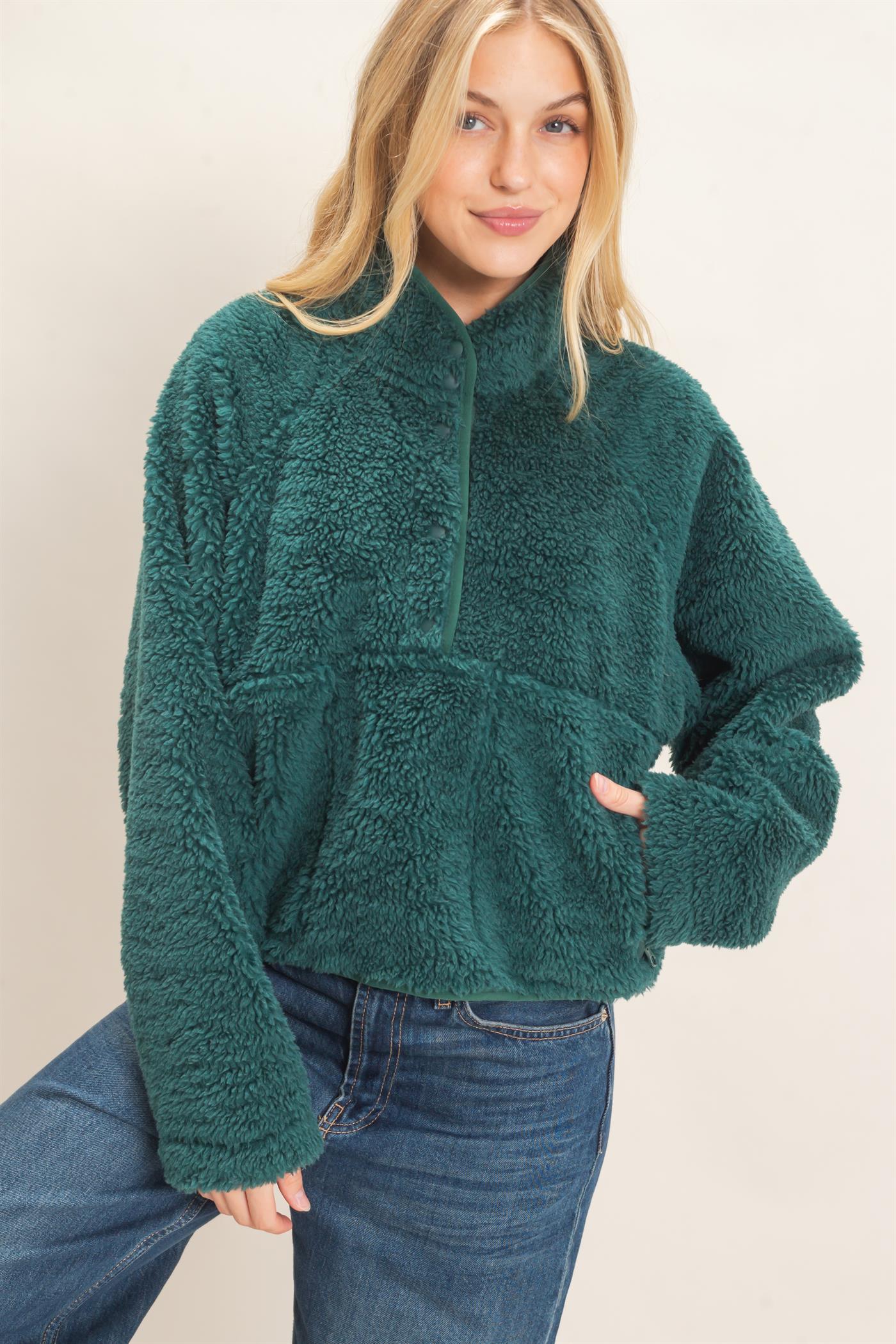 Wholesale Half-Zip Sherpa Jacket Sweatshirts HF26F130-D GREEN HYFVE