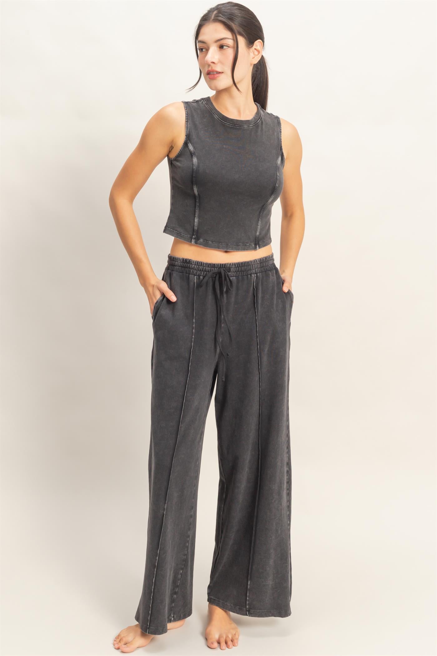 Wholesale Mineral Washed Sleeveless Top & Wide Leg Pants Set Clothing DZ26A371-SET BLACK DOUBLE ZERO