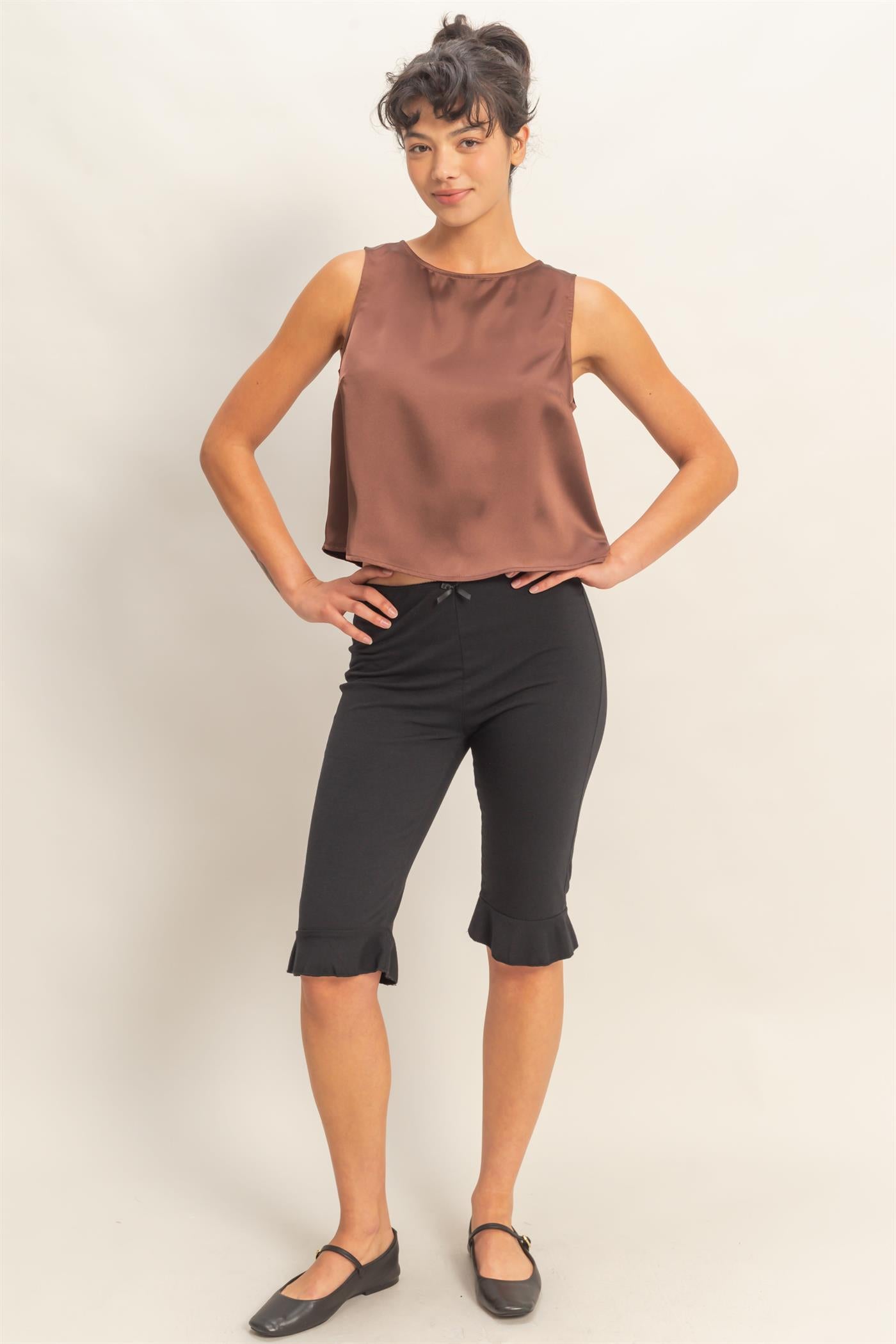 Wholesale Satin Sleeveless Round Neck Top With Back Keyhole Clothing Tops DZ26C084 CHOCOLATE DOUBLE ZERO