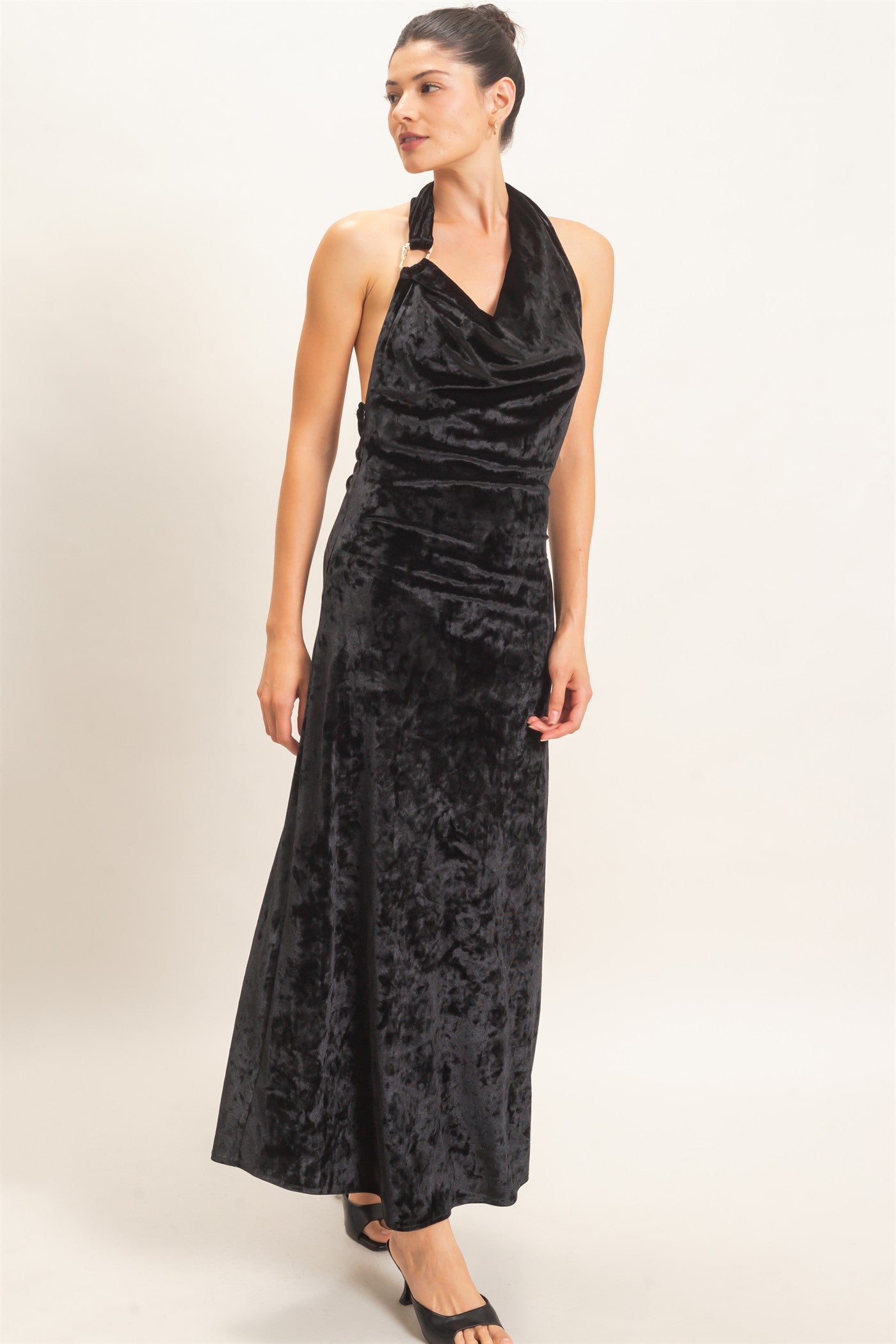 Wholesale Velvet Cowl Neck Halter Dress Dresses HF26F178 BLACK HYFVE