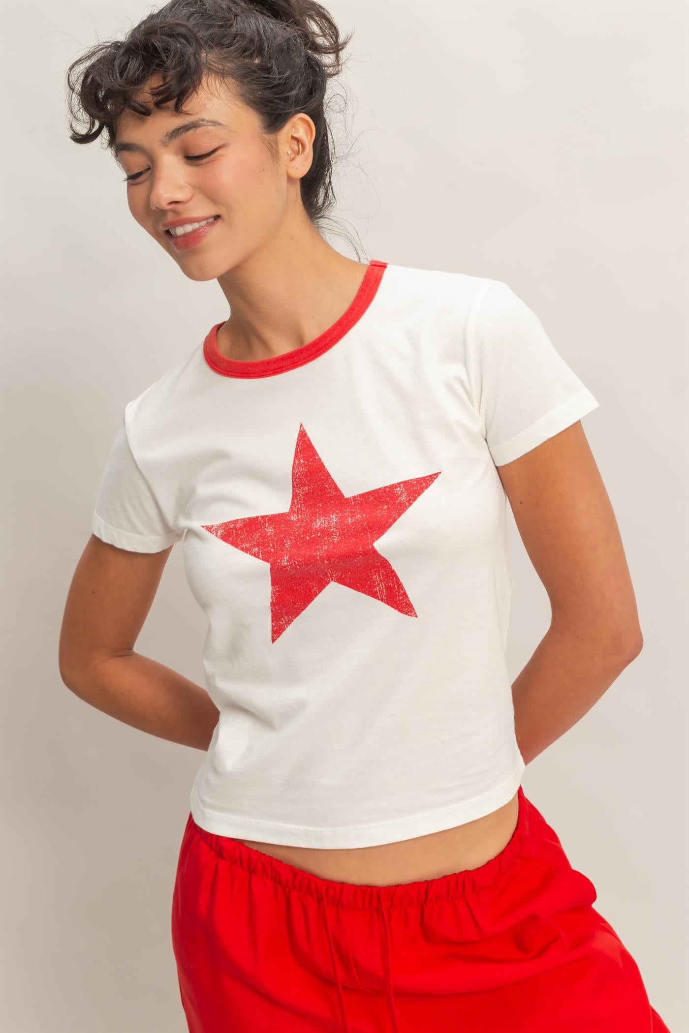 Wholesale Star Graphic Crew Neck T-Shirt T-Shirts DZ26C695 RED DOUBLE ZERO