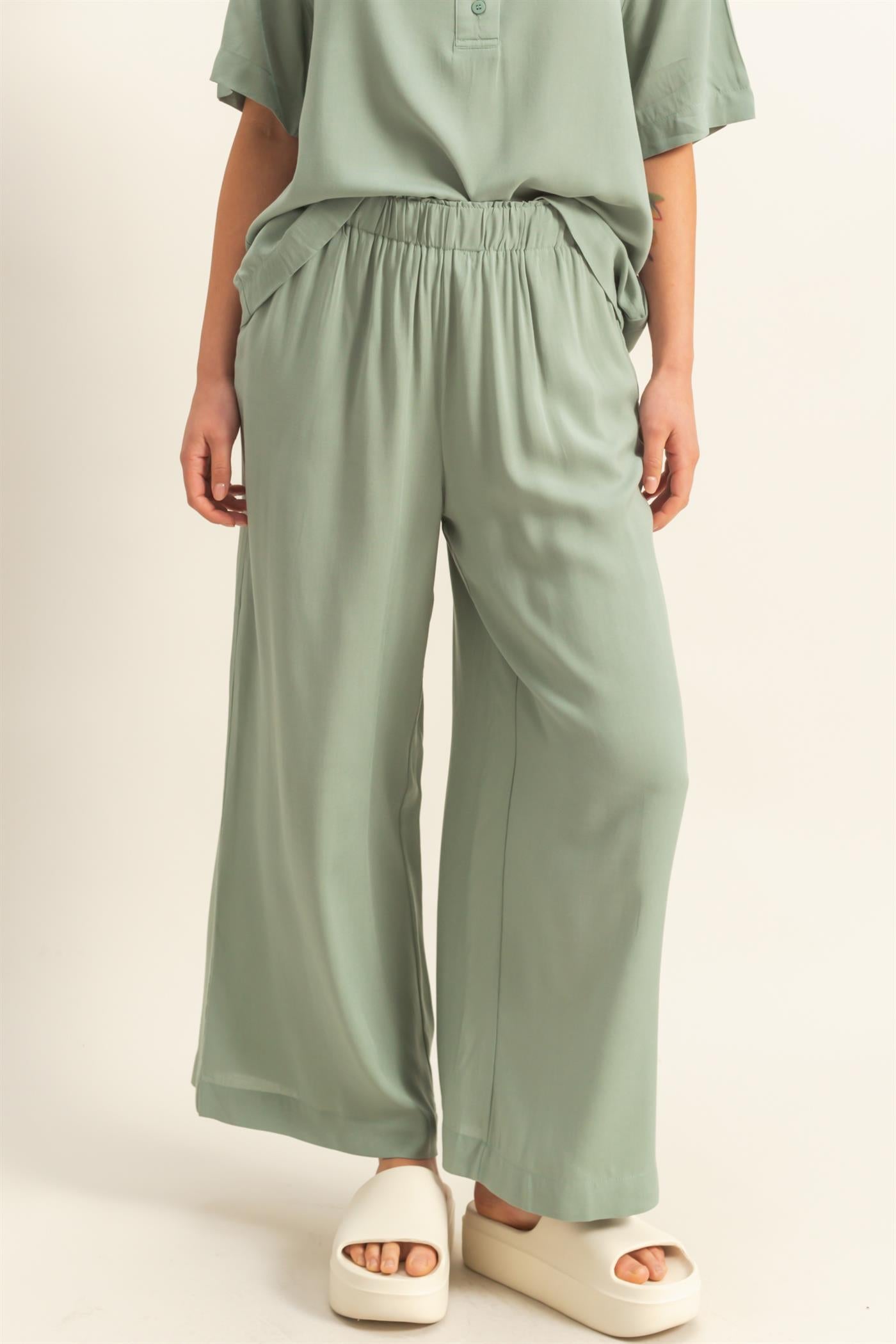 Wholesale High Waist Woven Wide Leg Pants Pants DZ25C192 SAGE GREEN DOUBLE ZERO