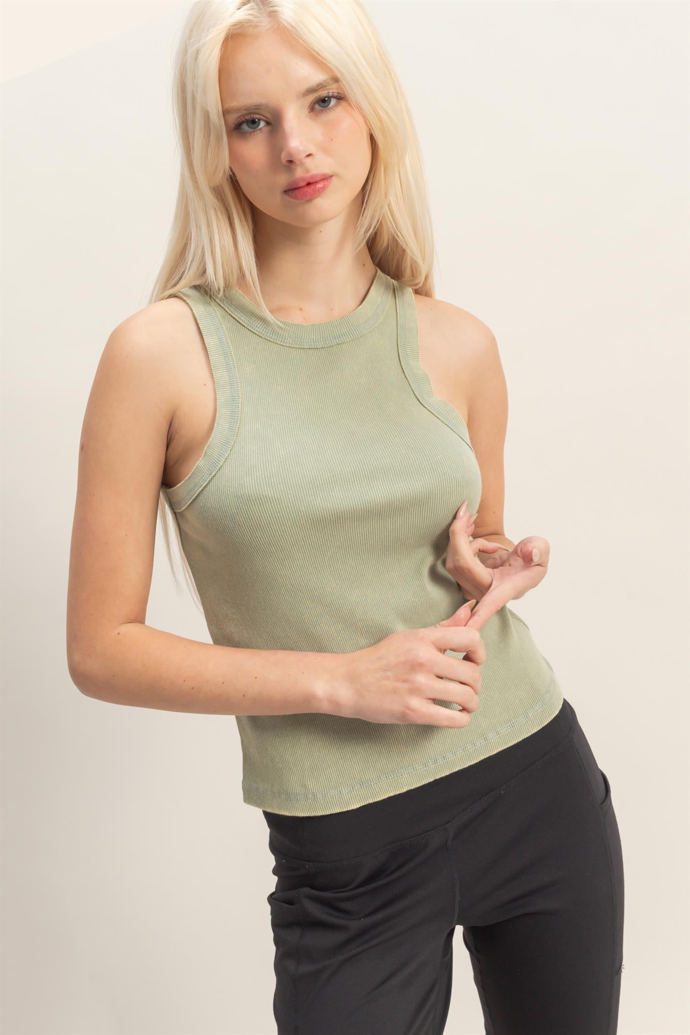 Wholesale Acid Washed Ribbed Tank Top Tank Tops DZ26A336 SAGE GREEN DOUBLE ZERO