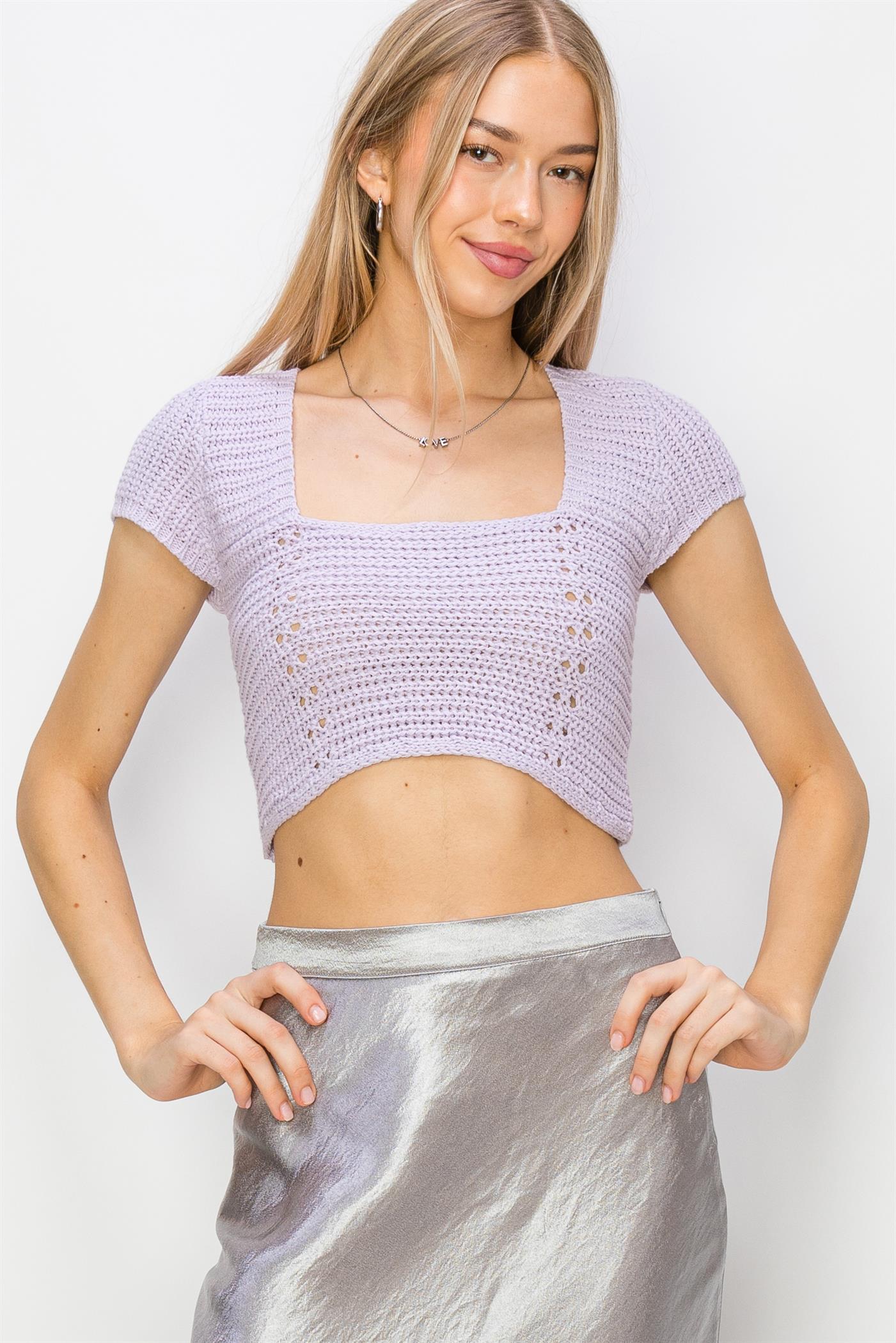 Wholesale Square Neck Cap Sleeve Top Clothing Tops DZ24A868 LAVENDER DOUBLE ZERO