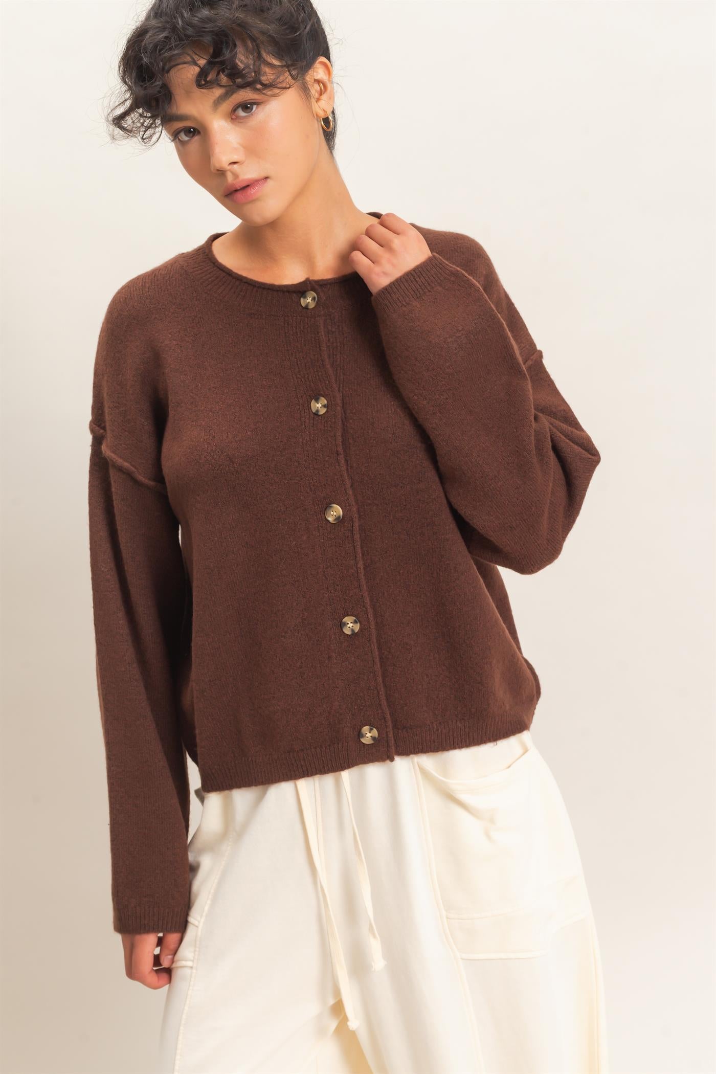 Wholesale Crew Neck Loose Fit Cardigan Cardigans DZ26E269 DARK BROWN DOUBLE ZERO