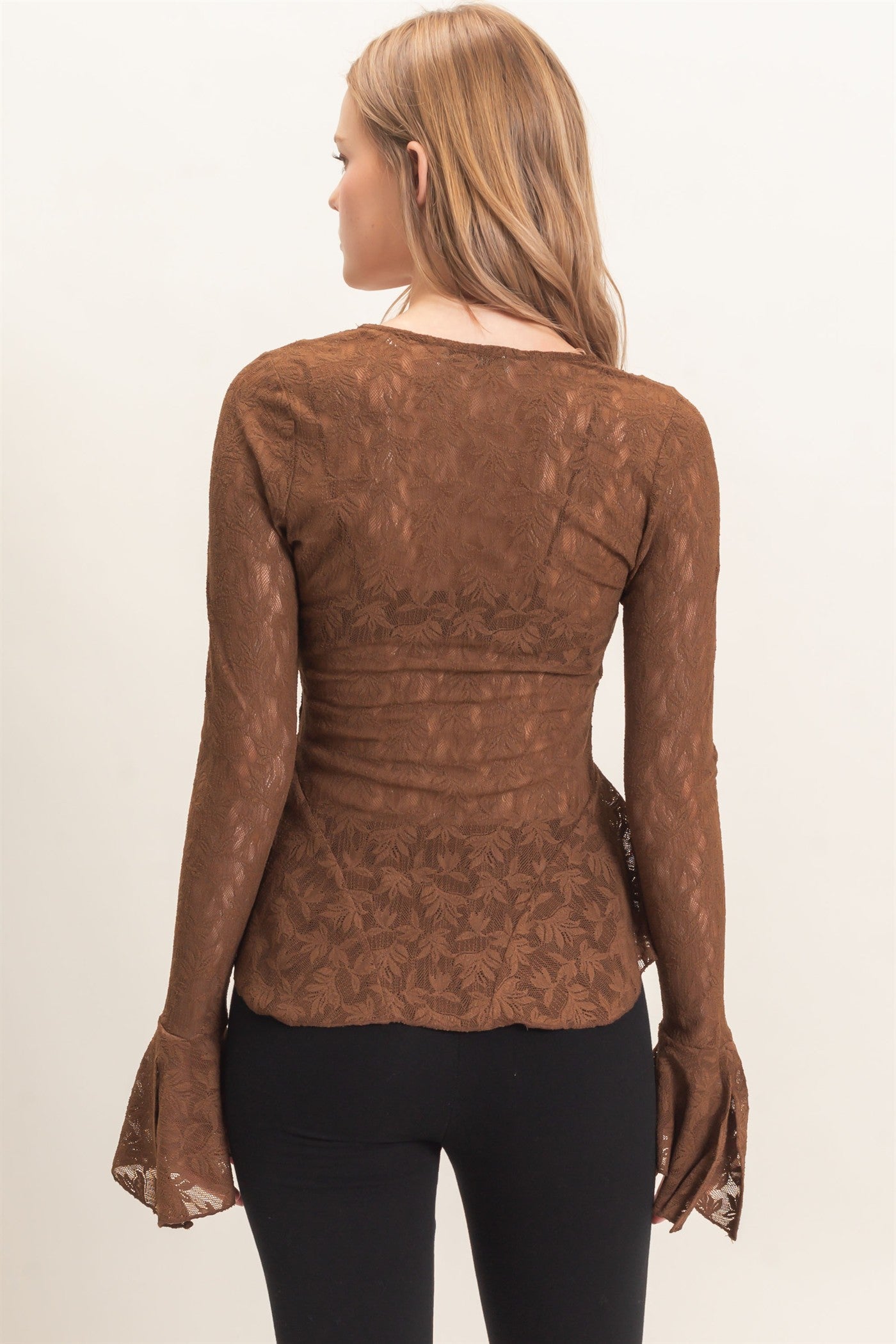 Wholesale Lace V-Neck Flare Sleeve Top Clothing Tops HF26E359 BROWN HYFVE