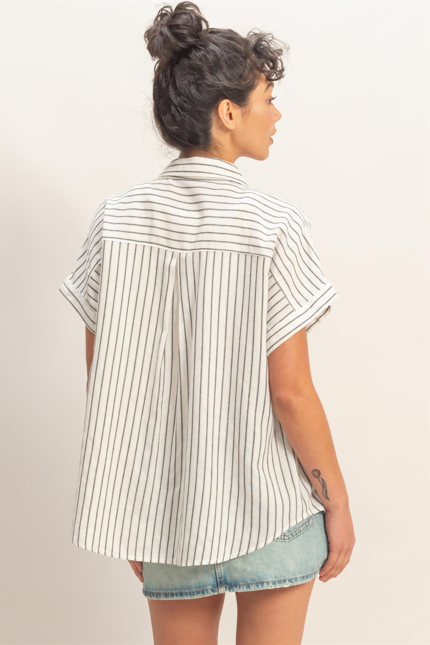 Wholesale Striped Button-Up Dolman Sleeve Shirt Shirts DZ26A207 BLACK DOUBLE ZERO