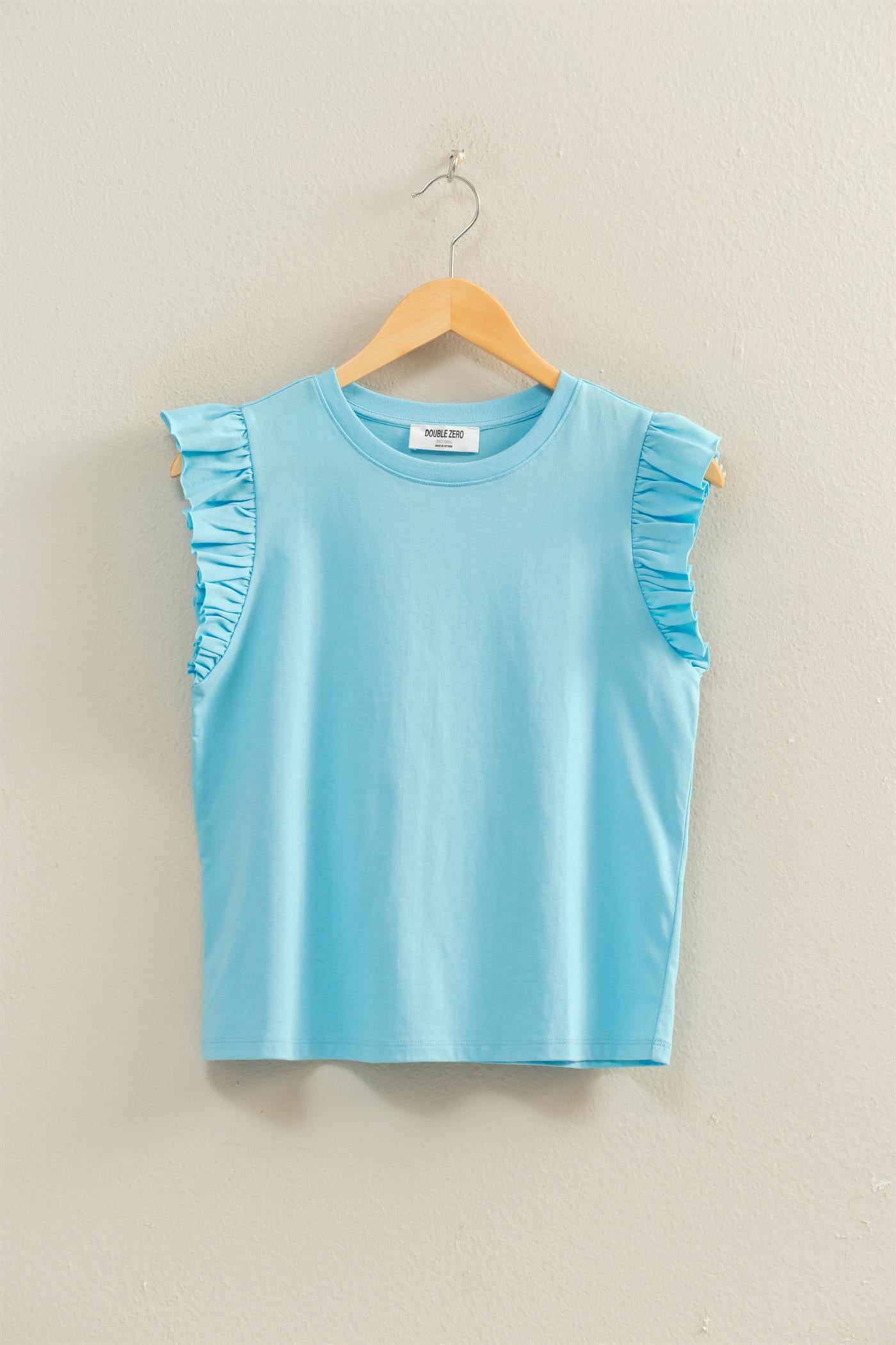 Wholesale Ruffle Cap Sleeve Crew Neck Top Clothing Tops DZ26C070 BLUE DOUBLE ZERO