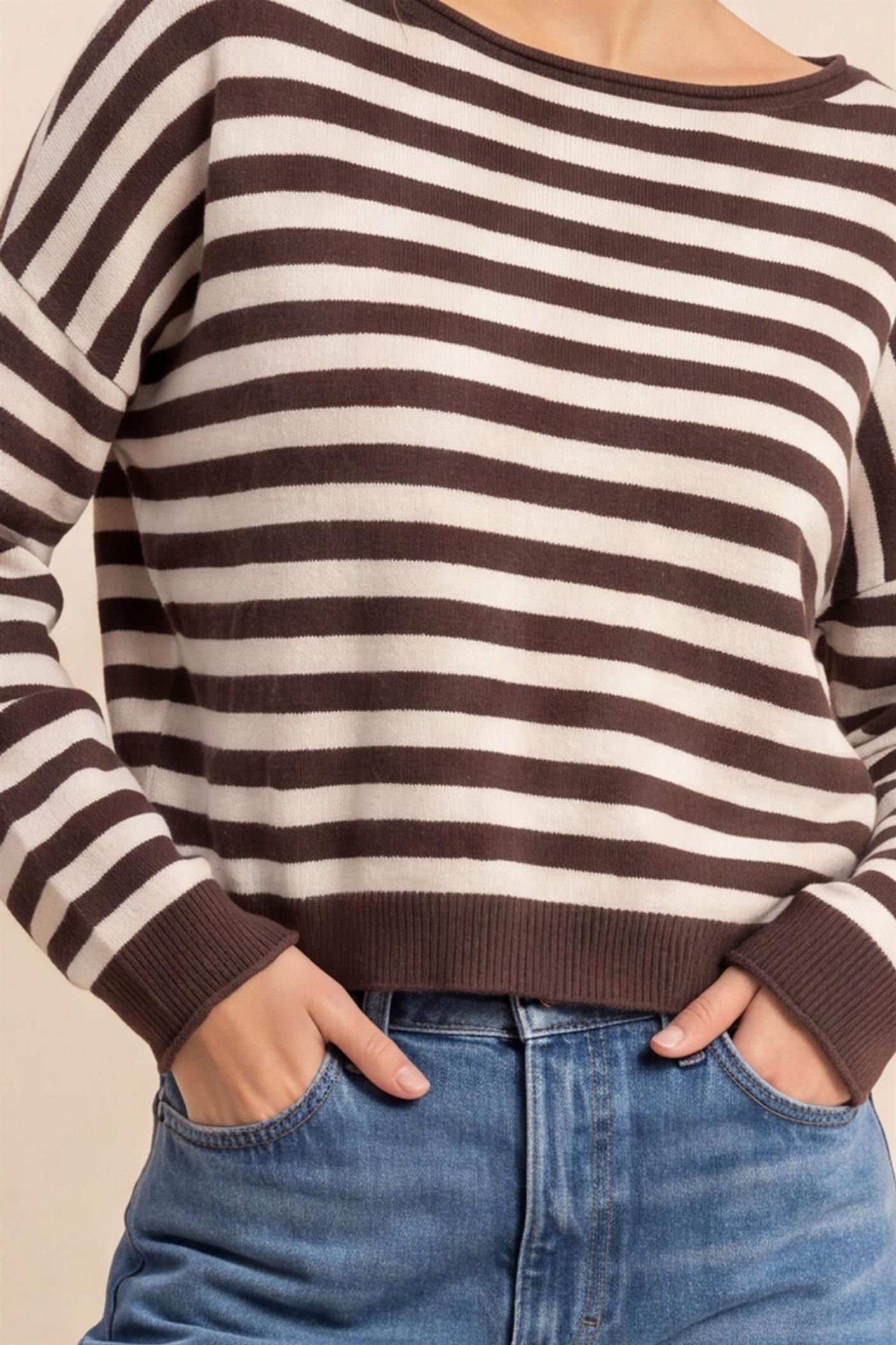 Wholesale Off The Shoulder Striped Sweater Sweaters DZ26E653 DARK BROWN DOUBLE ZERO