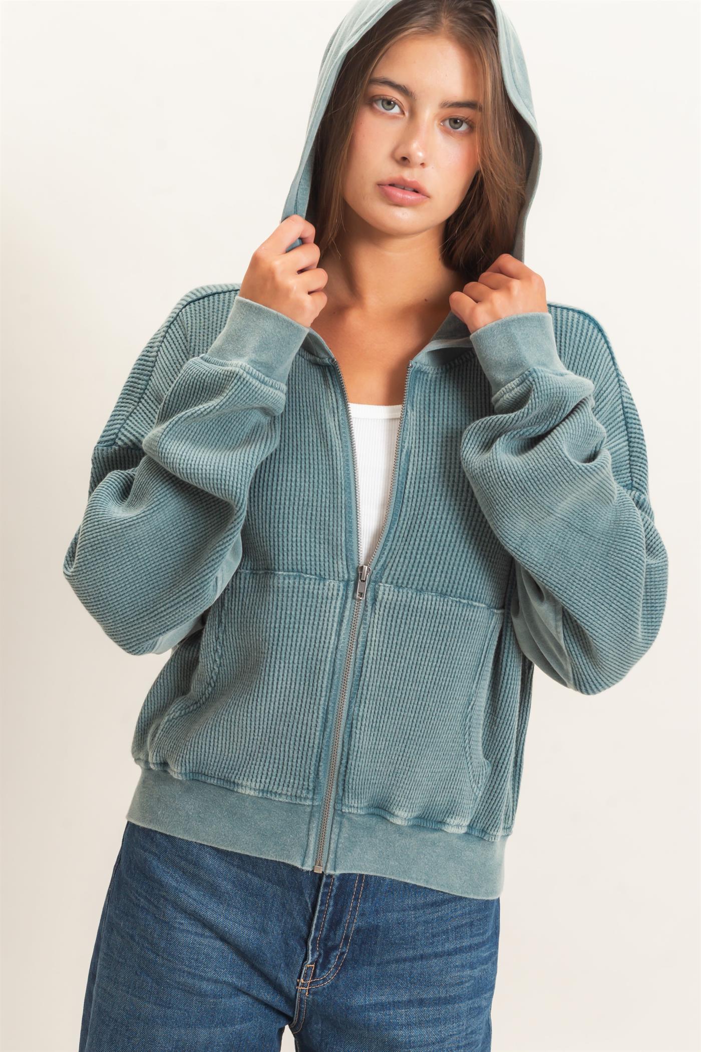 Wholesale Acid Wash Waffle Knit Zip-Up Hoodie Hoodies DZ26E401 DARK TEAL DOUBLE ZERO
