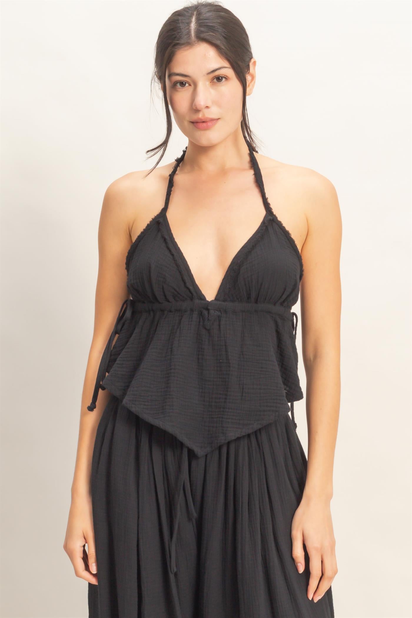 Wholesale Textured Halter Tie Waist Top Clothing Tops HF26C027 BLACK HYFVE