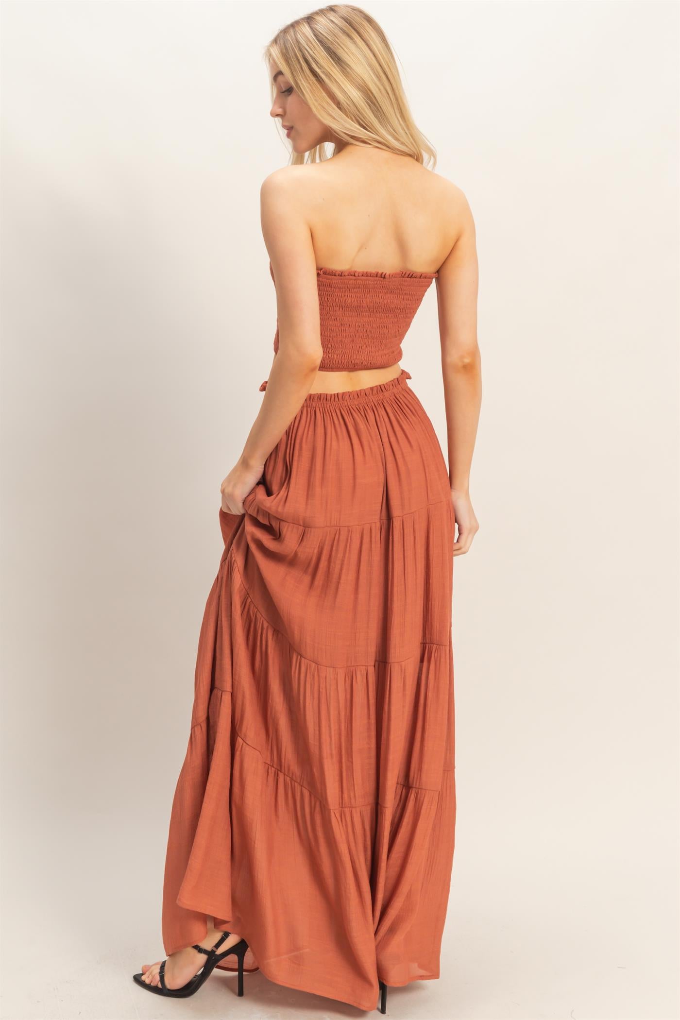 Wholesale Smocked Tube Top & Tiered Skirt Set Clothing HF26C289-SET-D RUST HYFVE