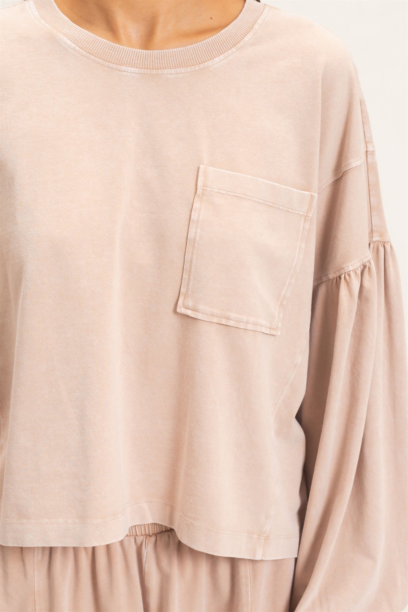 Wholesale Mineral Wash Puff Long Sleeve Boxy Top Clothing Tops DZ26F402 DARK TAUPE DOUBLE ZERO
