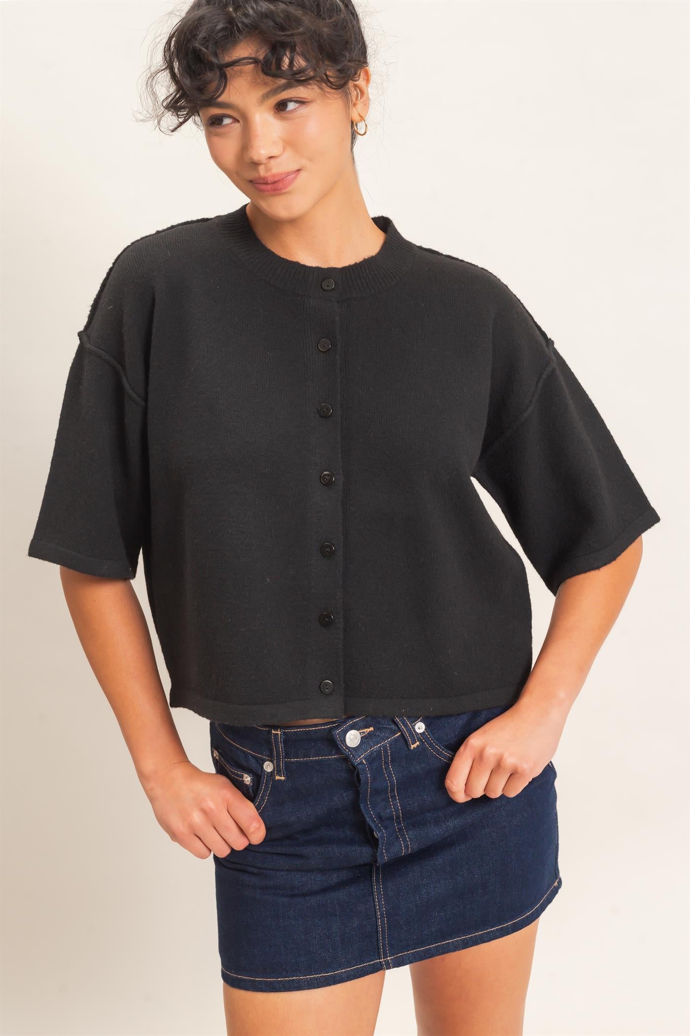 Wholesale Drop Shoulder Short Sleeve Cardigan Cardigans DZ26E238 BLACK DOUBLE ZERO