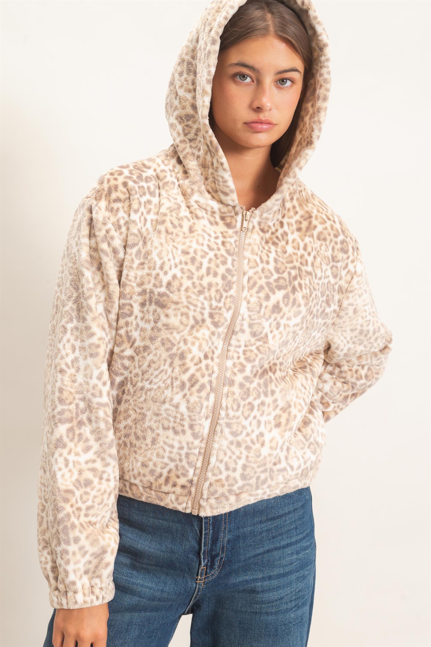 Wholesale Leopard Fleece Zip-Up Hoodie Hoodies DZ26E831 BEIGE DOUBLE ZERO