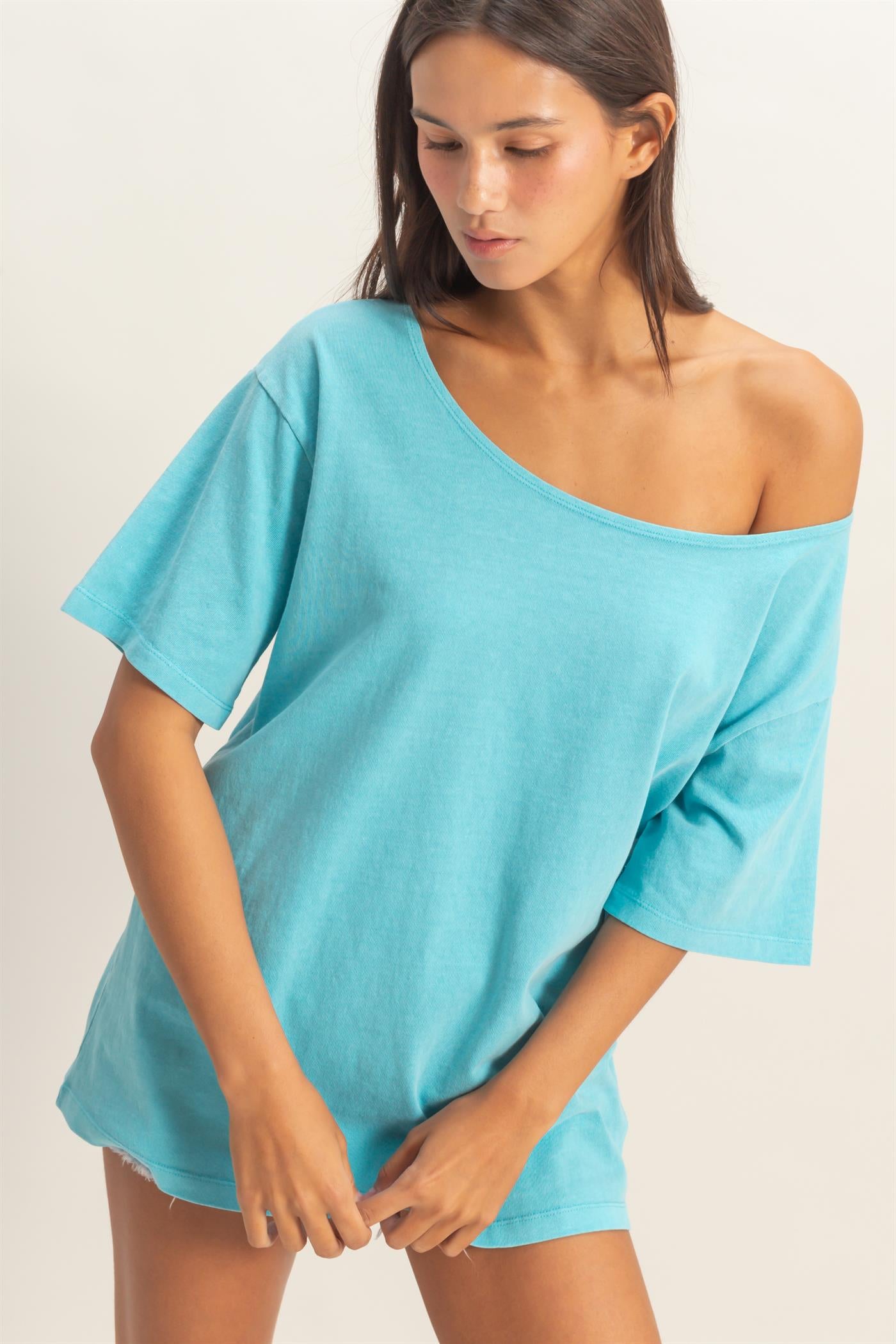 Wholesale Boat Neck Short Sleeve Basic Tee Clothing Tops DZ25E242 AQUA BLUE DOUBLE ZERO