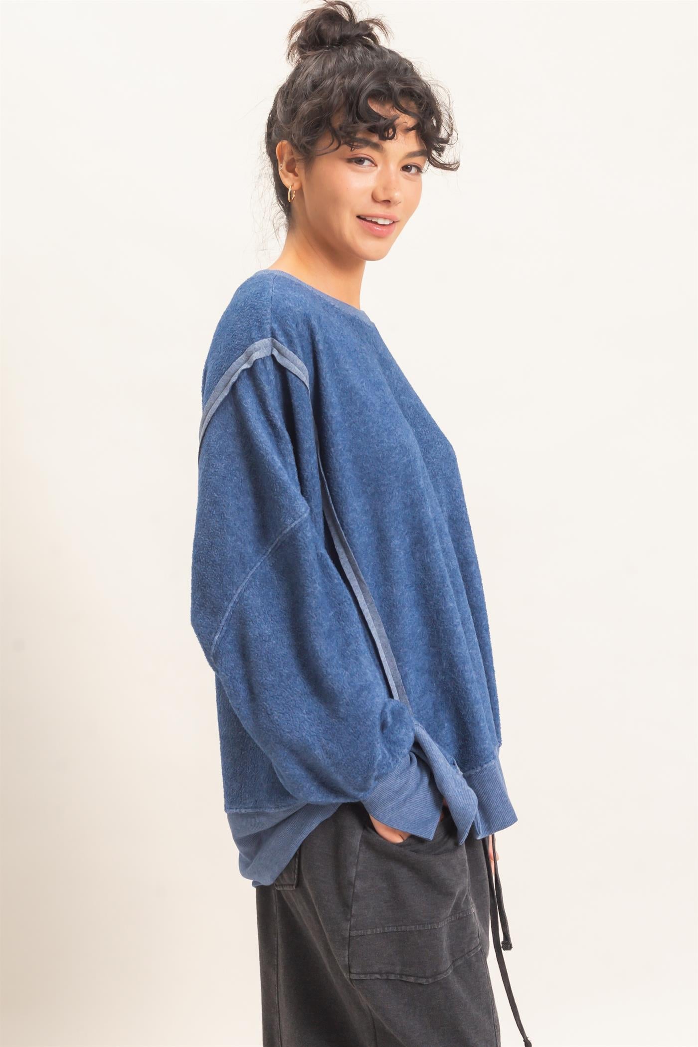 Wholesale Oversized Raw Edge Crew Neck Sweatshirt Sweatshirts DZ26E273 NAVY DOUBLE ZERO