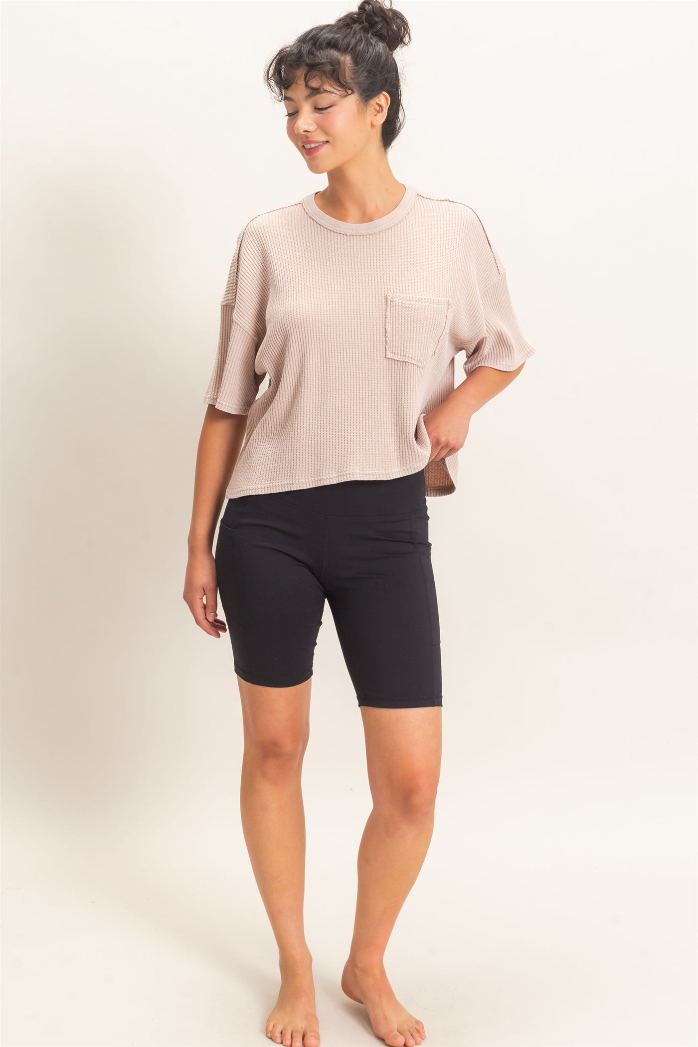 Wholesale Mineral Wash Waffle Knit Pocket Top Clothing Tops DZ26E222 DARK TAUPE DOUBLE ZERO