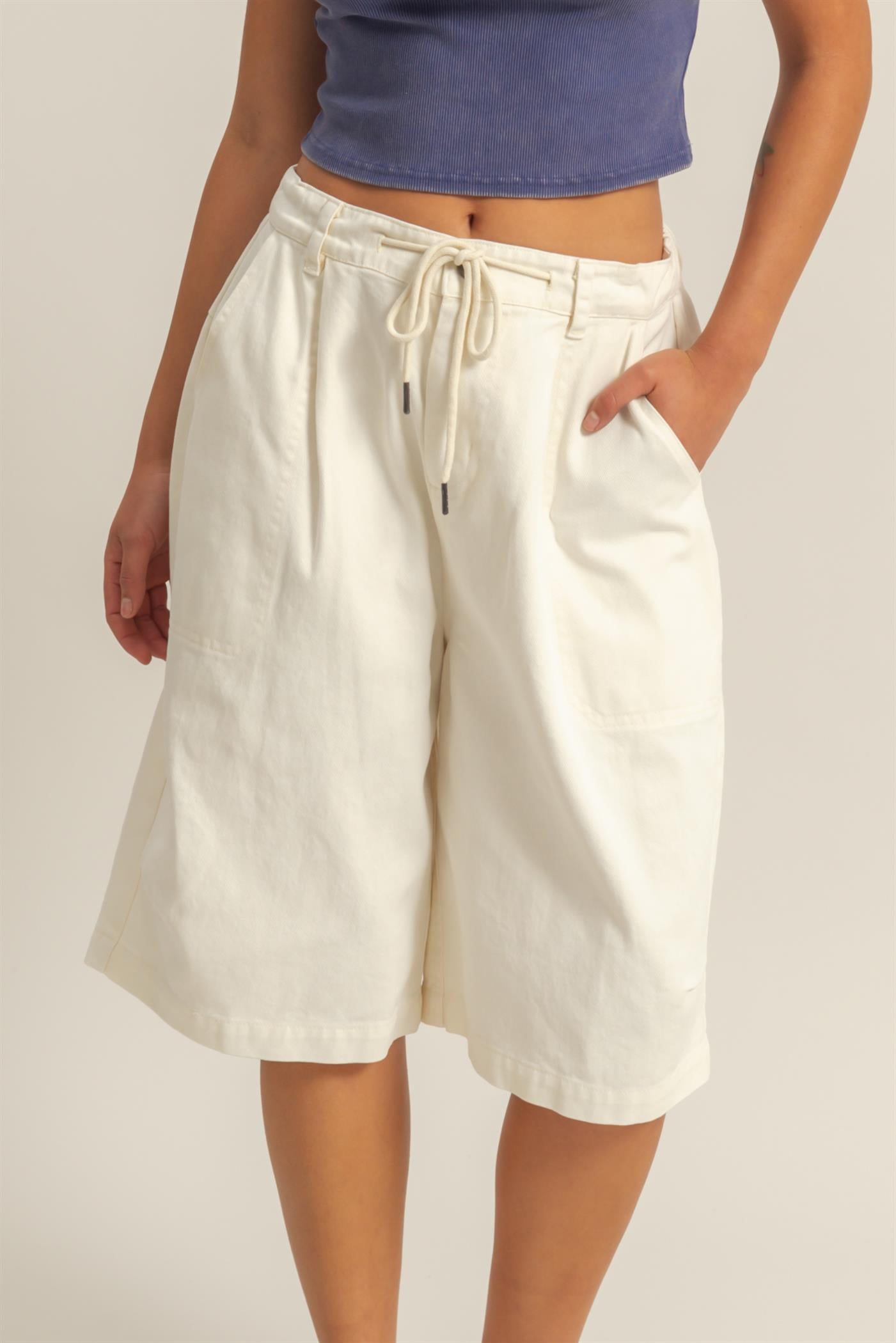 Wholesale Drawstring Waist Wide Leg Jorts Shorts DZ26F283 CREAM DOUBLE ZERO