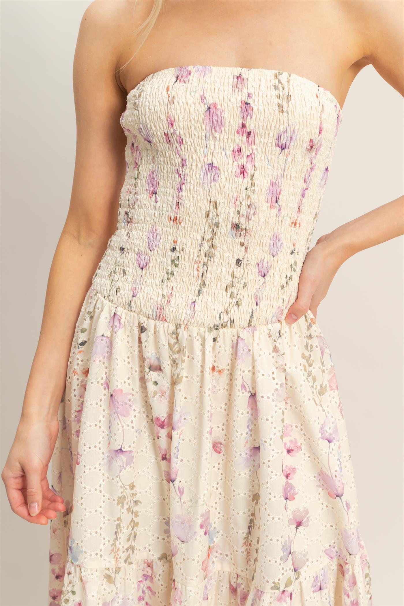 Wholesale Strapless Smocked Floral Dress Dresses HF25E642-D YELLOW HYFVE