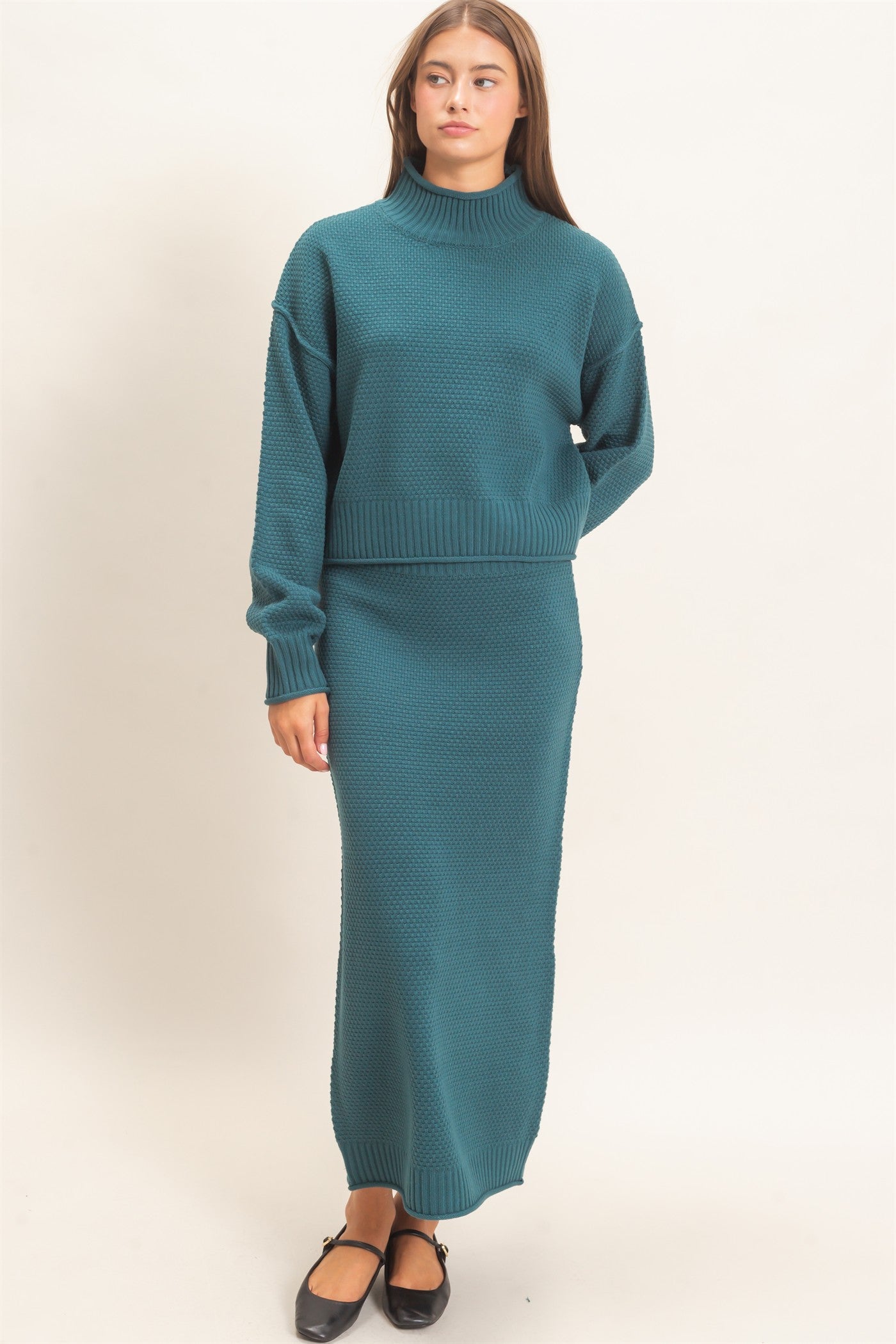 Wholesale High Neck Long Sleeve Top & Maxi Skirt Set Clothing DZ26E272-SET DARK TEAL DOUBLE ZERO