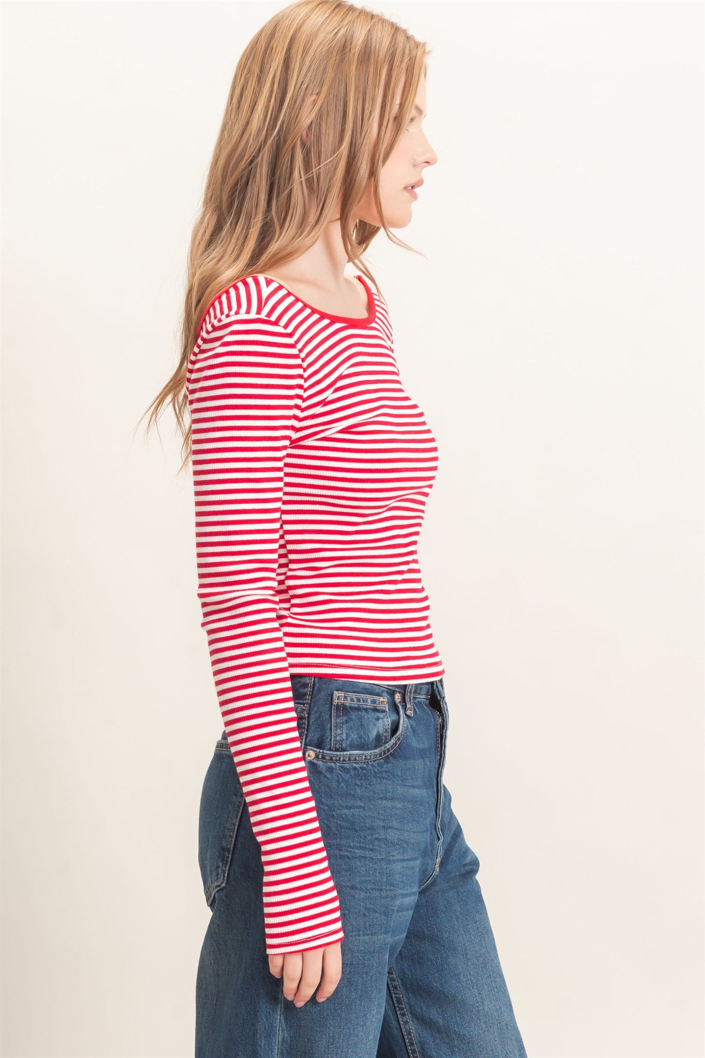 Wholesale Striped Boat Neck Long Sleeve Top Clothing Tops HF26F080 RED/WHITE HYFVE