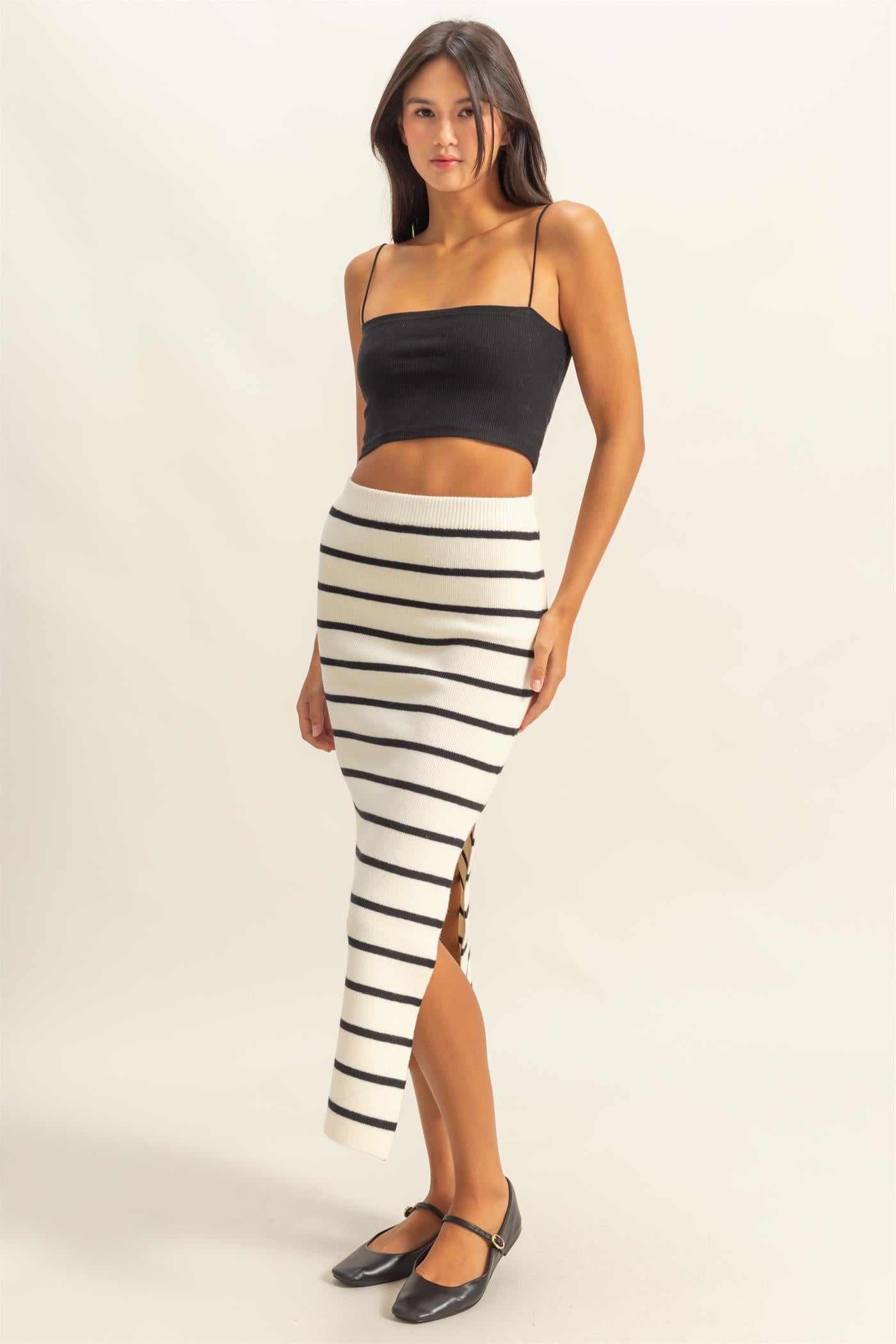 Wholesale Striped High Waist Bodycon Sweater Skirt Skirts DZ25A637 BLACK/CREAM DOUBLE ZERO