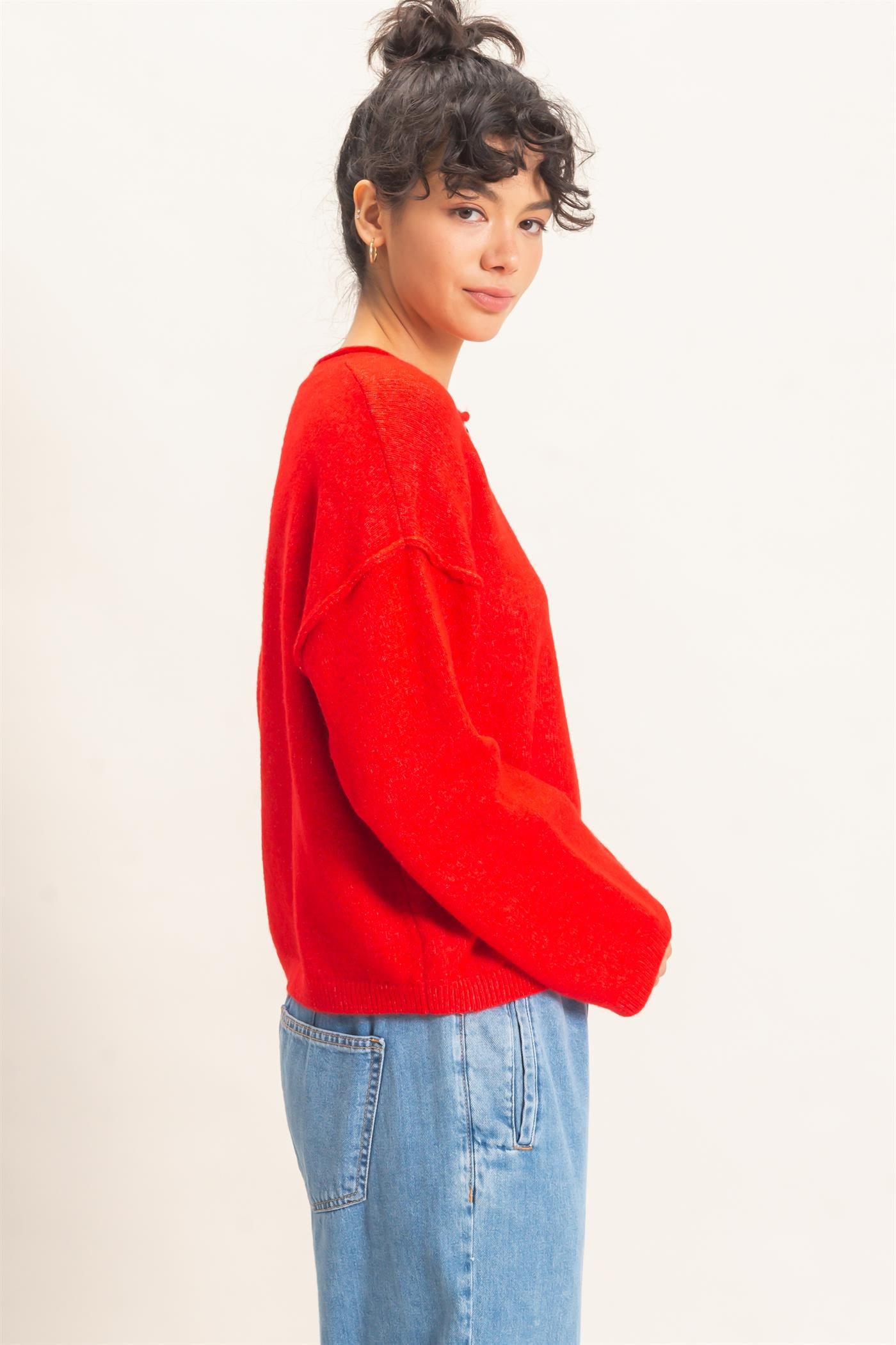 Wholesale Crew Neck Loose Fit Cardigan Cardigans DZ26E269 RED DOUBLE ZERO
