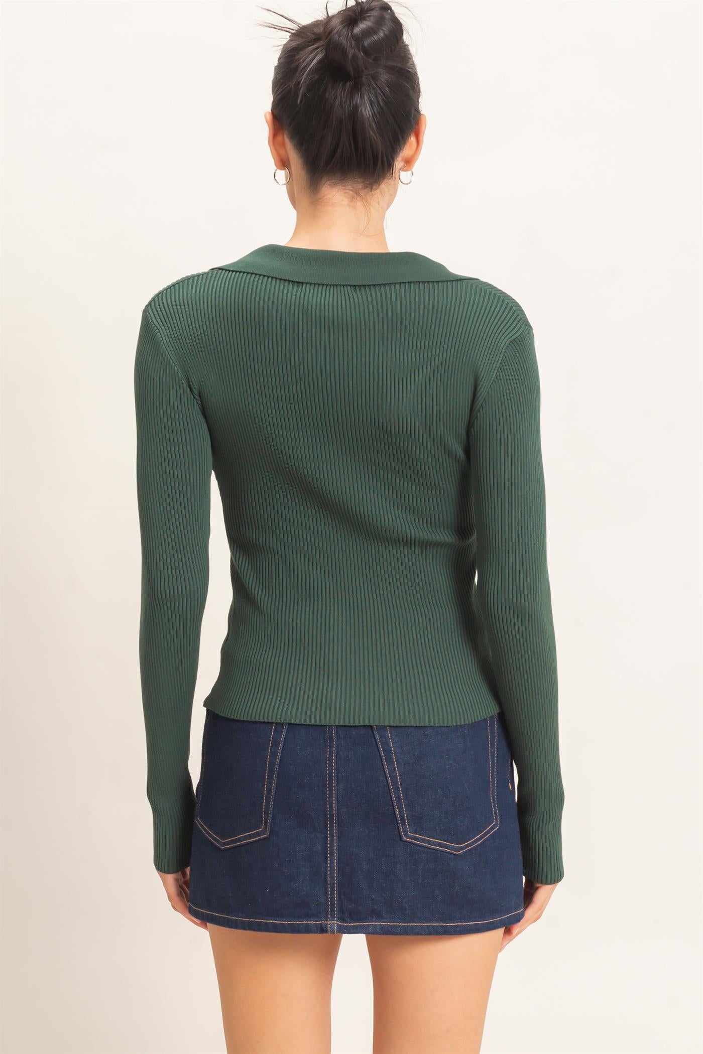Wholesale Ribbed V-Neck Sweater With Collar Clothing Tops HF26E684 DARK GREEN HYFVE