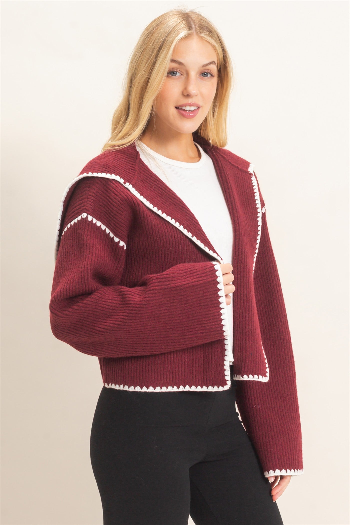 Wholesale Collared Cardigan Sweater With Picot Trim Cardigans HF26E897 MERLOT HYFVE