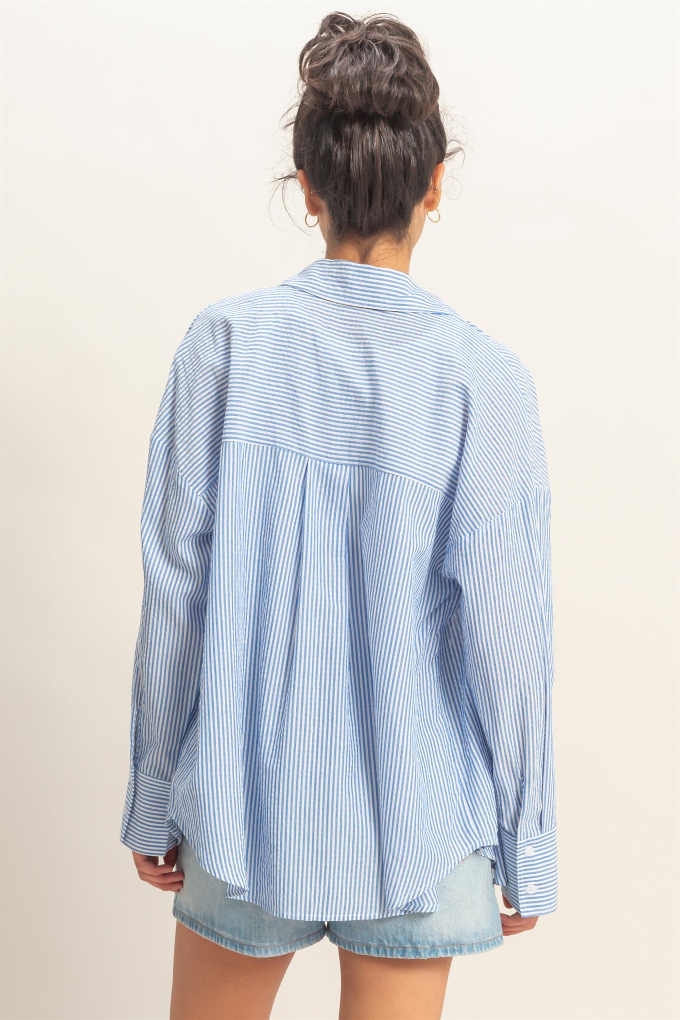 Wholesale Striped Button-Up Shirt Shirts DZ26A737 BLUE DOUBLE ZERO