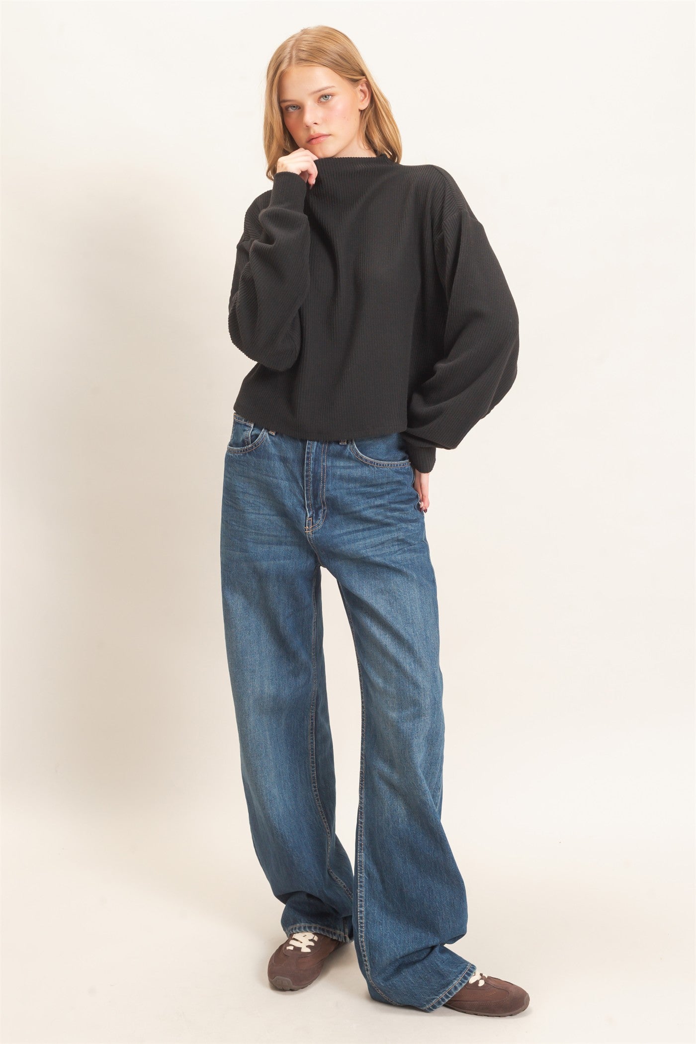 Wholesale Ribbed Mock Neck Top Clothing Tops HF26F030 BLACK HYFVE