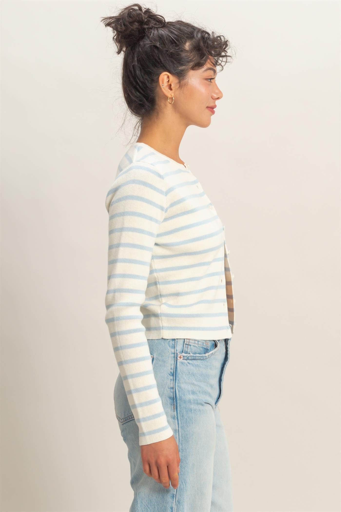 Wholesale Striped Button-Up Cardigan Cardigans DZ26C166 ICE BLUE DOUBLE ZERO