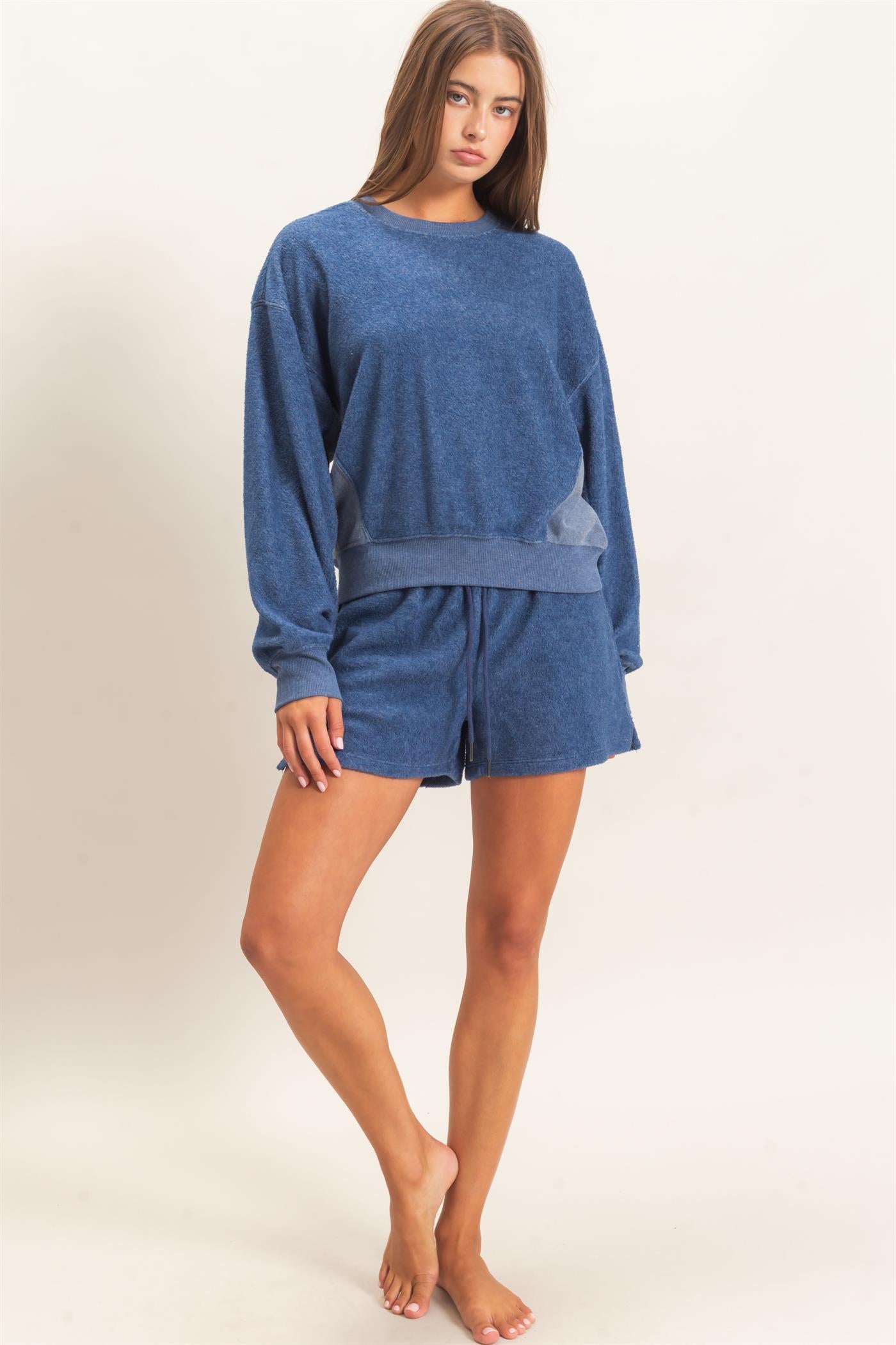 Wholesale Contrast Sweatshirt & Shorts Set Clothing DZ25F478-SET NAVY DOUBLE ZERO
