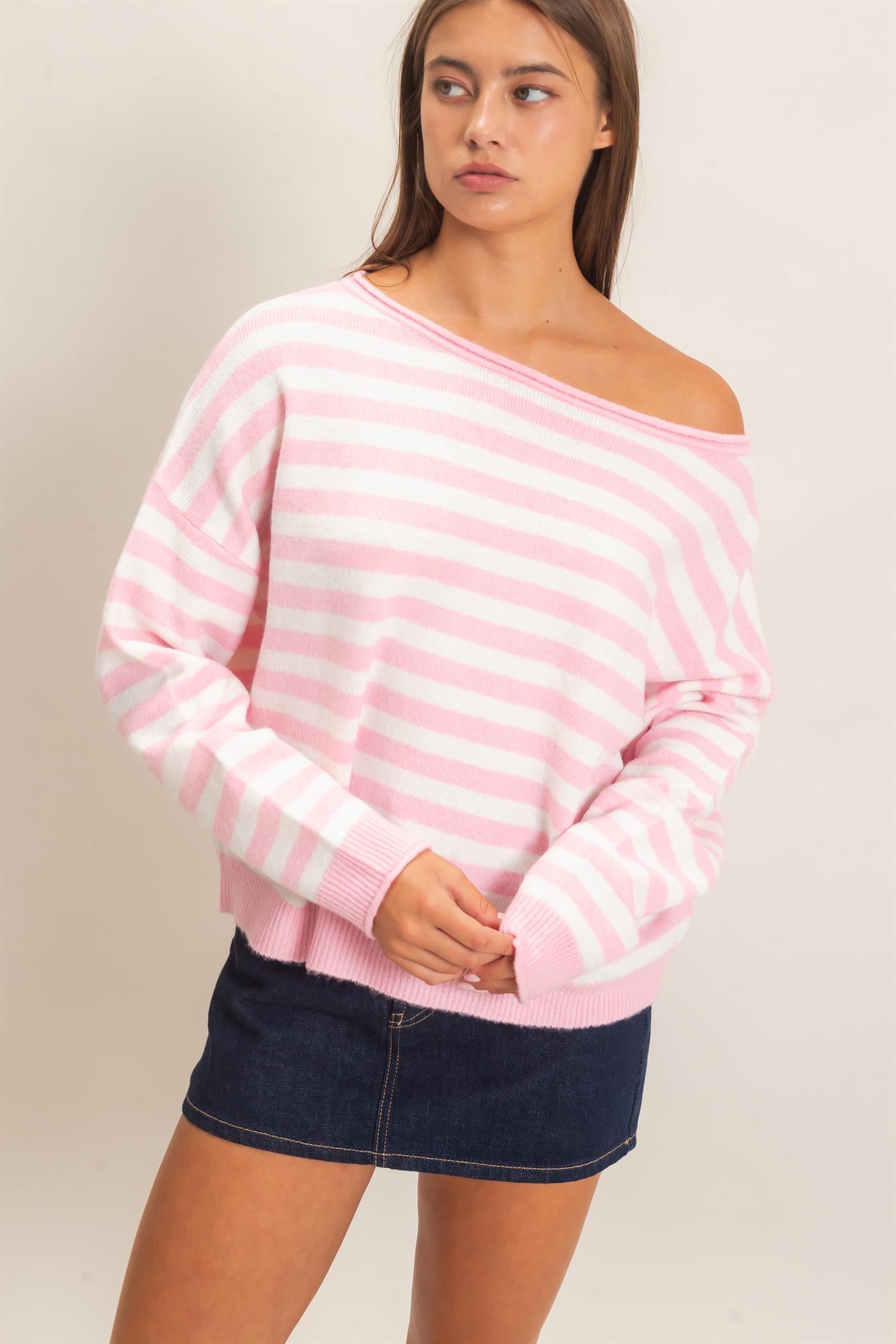 Wholesale Off The Shoulder Striped Sweater Sweaters DZ26E653 PINK DOUBLE ZERO