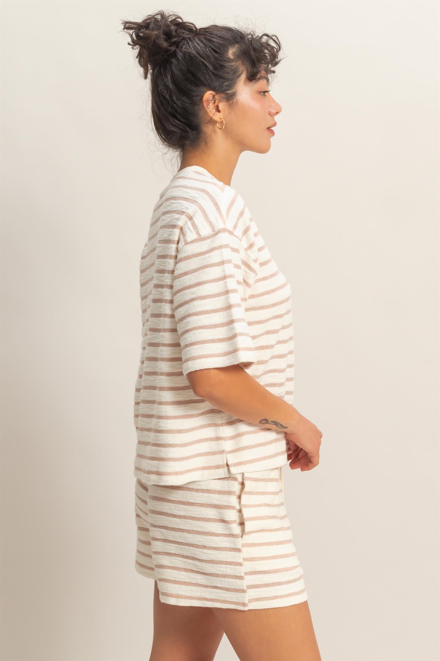 Wholesale Striped Short Sleeve Terry Crew Neck Top Clothing Tops DZ26A887 TAUPE DOUBLE ZERO