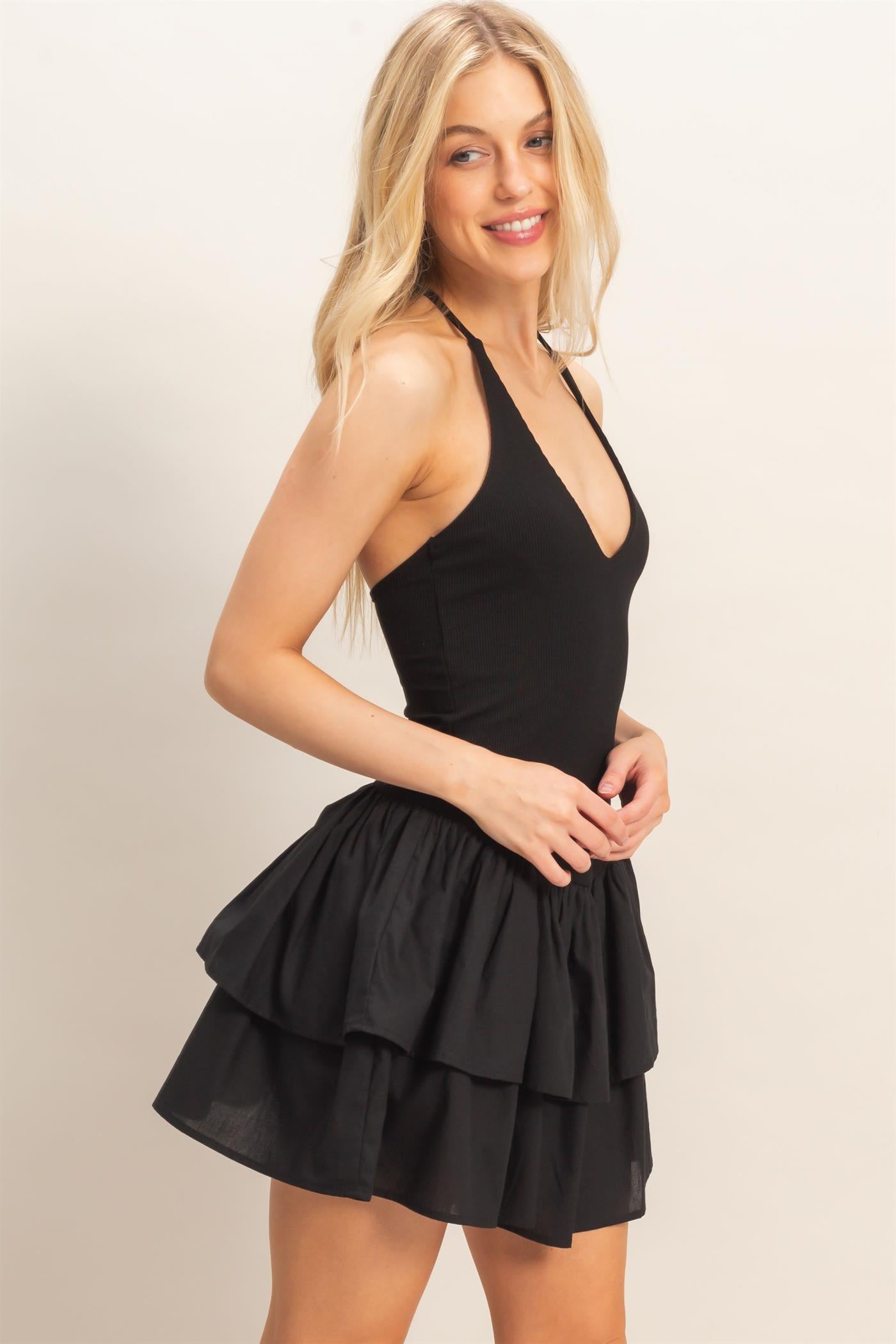 Wholesale Ribbed Halter Dress With Tiered Skirt Dresses HF26C270 BLACK HYFVE