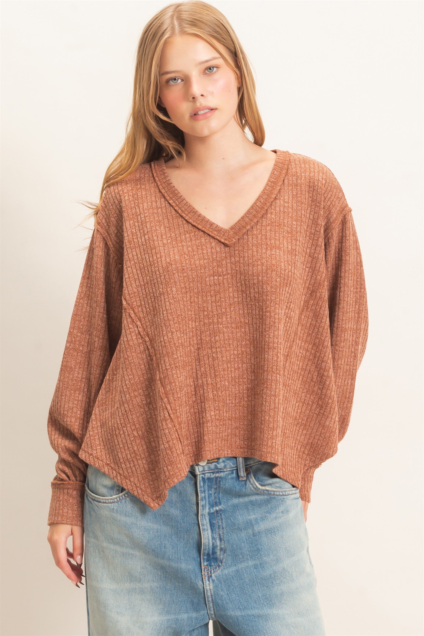 Wholesale Ribbed V-Neck Knit Top Shirts HF26F351 BRICK HYFVE