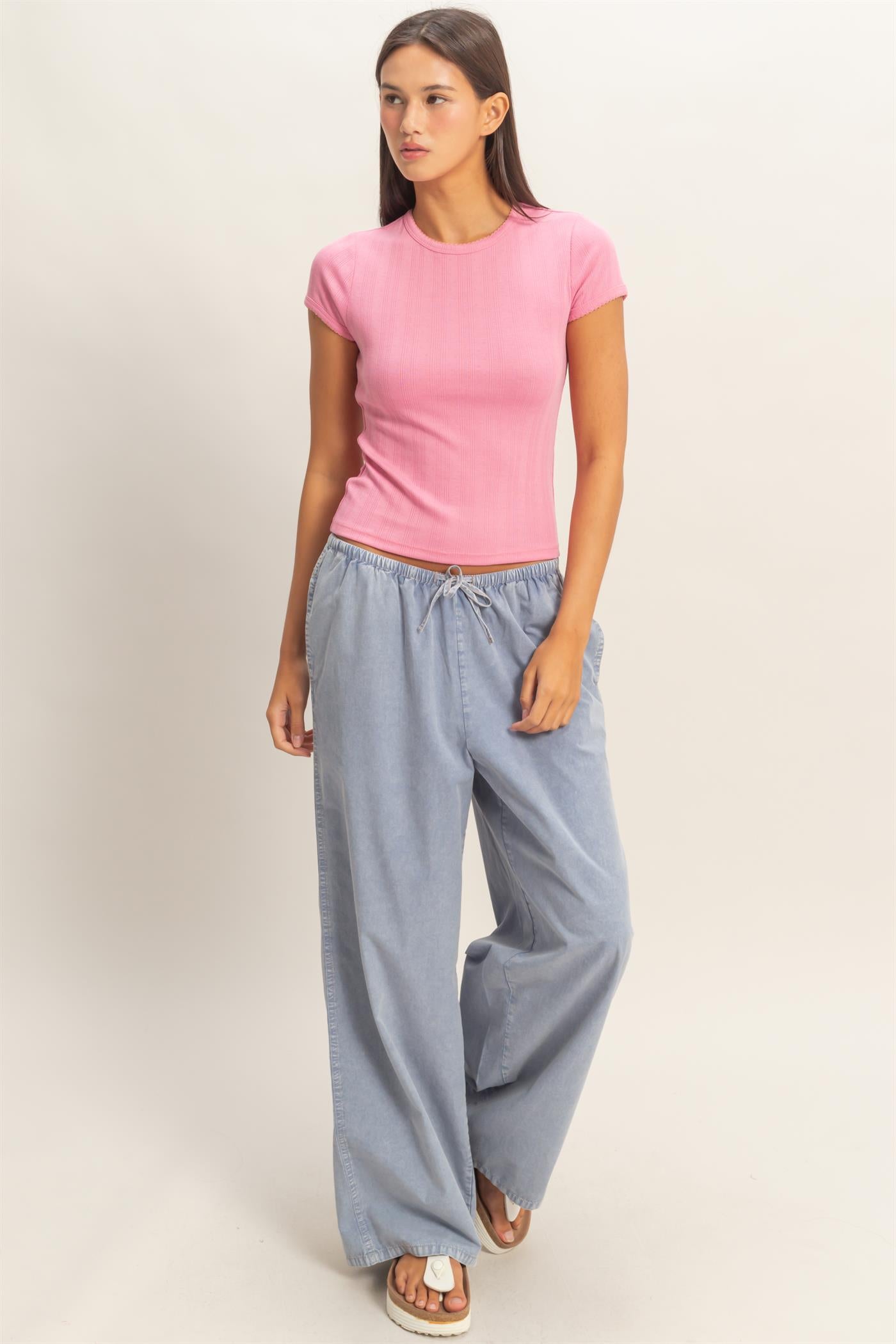 Wholesale Pointelle Short Sleeve Top Clothing Tops DZ26C285 PINK DOUBLE ZERO