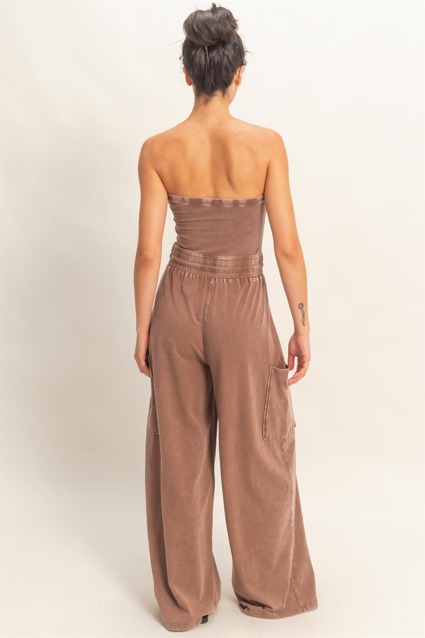 Wholesale Mineral Wash Strapless Wide-Leg Jumpsuit Clothing DZ26C376 CHOCOLATE DOUBLE ZERO