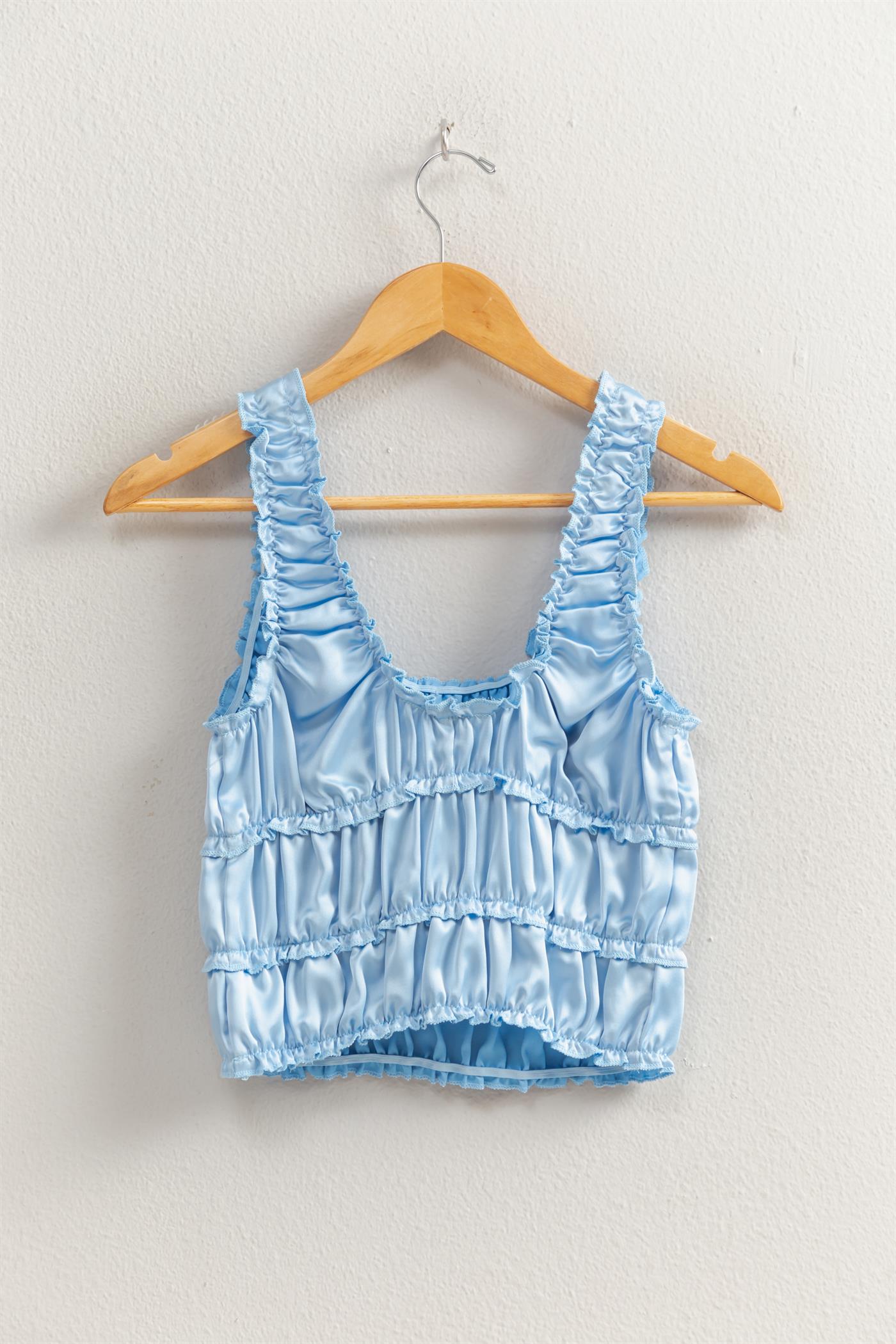 Wholesale Ruched Satin Sleeveless Crop Top Clothing Tops DZ25C172 ICE BLUE DOUBLE ZERO