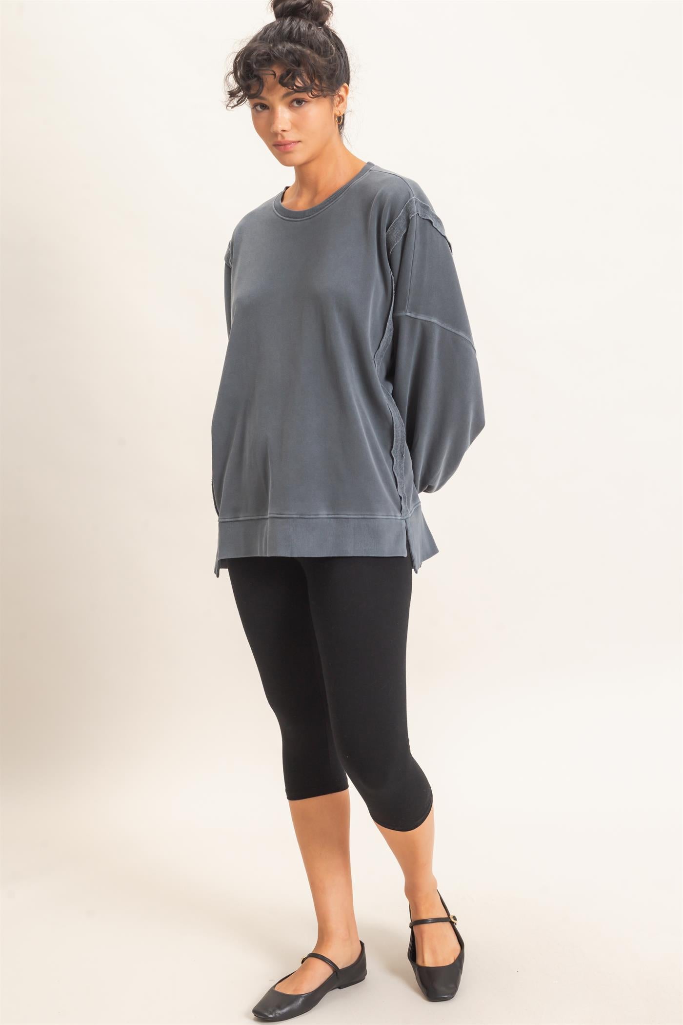Wholesale Pigment  Dye Oversized Raw Edge Sweatshirt Sweatshirts DZ26C737 DARK GRAY DOUBLE ZERO