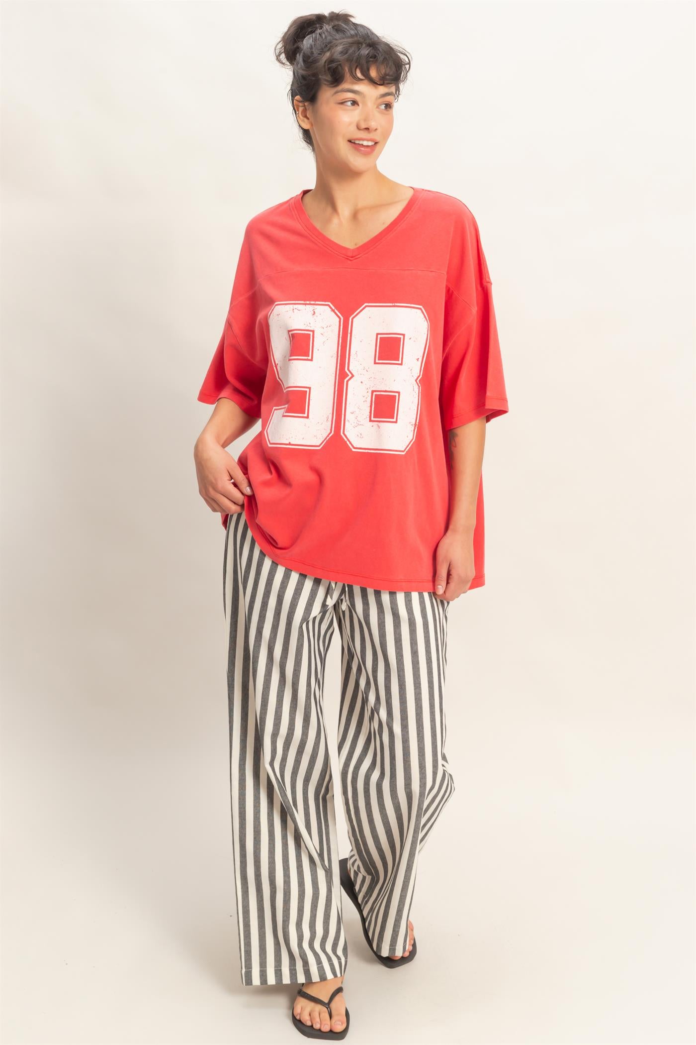 Wholesale Oversized Varsity Style V-Neck Graphic T-Shirt T-Shirts DZ26C200 RED DOUBLE ZERO