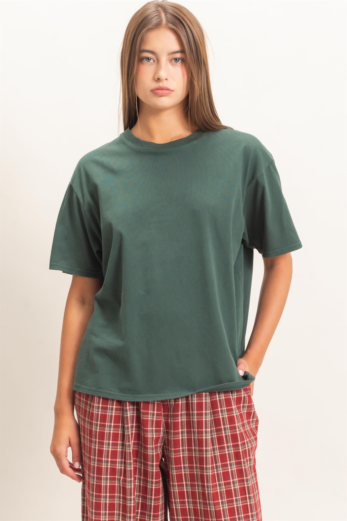 Wholesale Crew Neck Pigment Dye T-Shirt Clothing Tops DZ26E448 DARK GREEN DOUBLE ZERO
