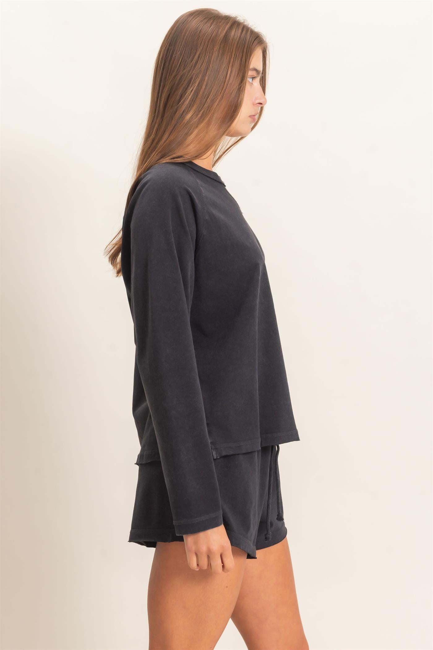 Wholesale Mineral Wash Long Sleeve Raw Edge Top & Shorts Set Clothing DZ26F403-SET BLACK DOUBLE ZERO